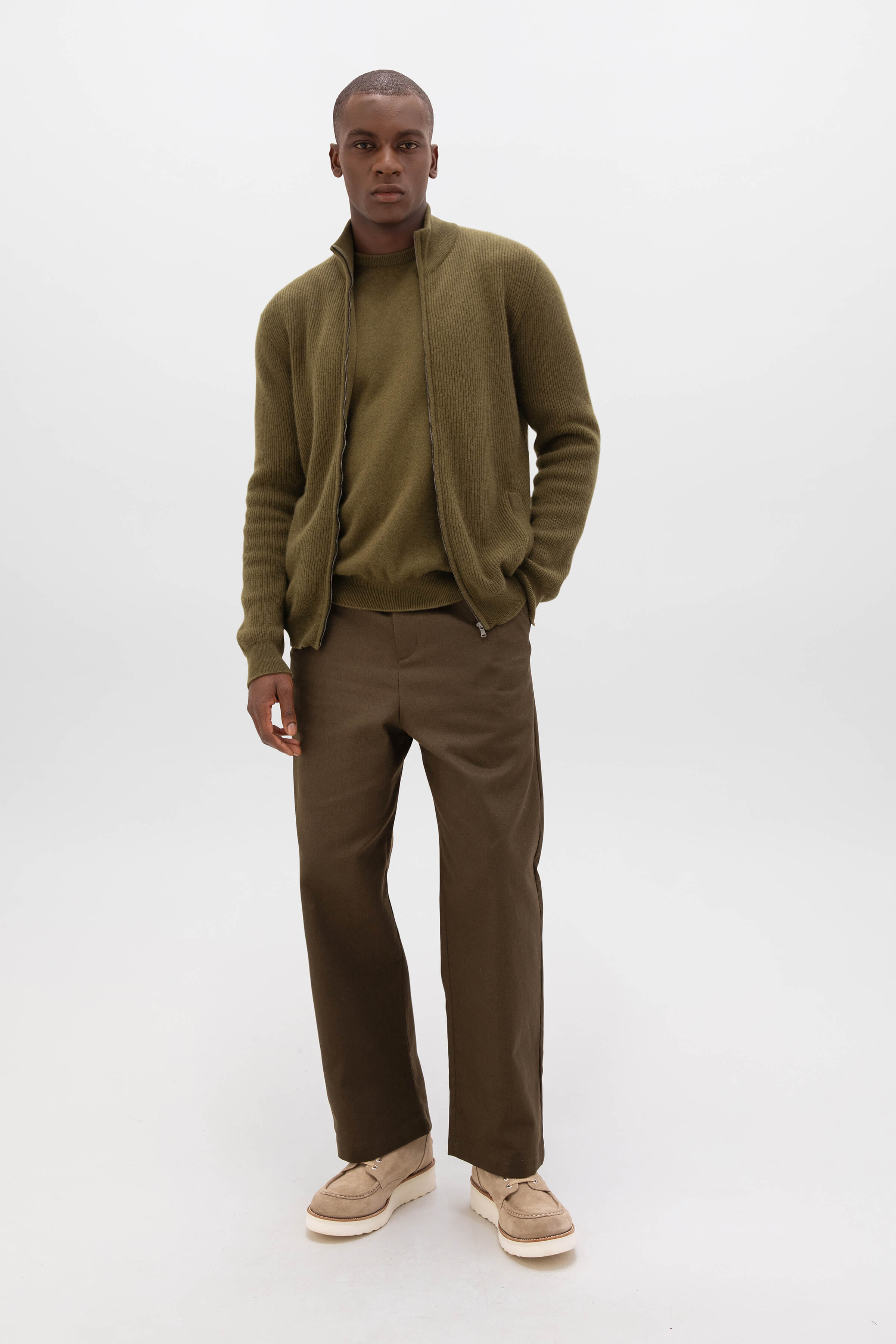 Front Zip Olive Green Cashmere Cardigan