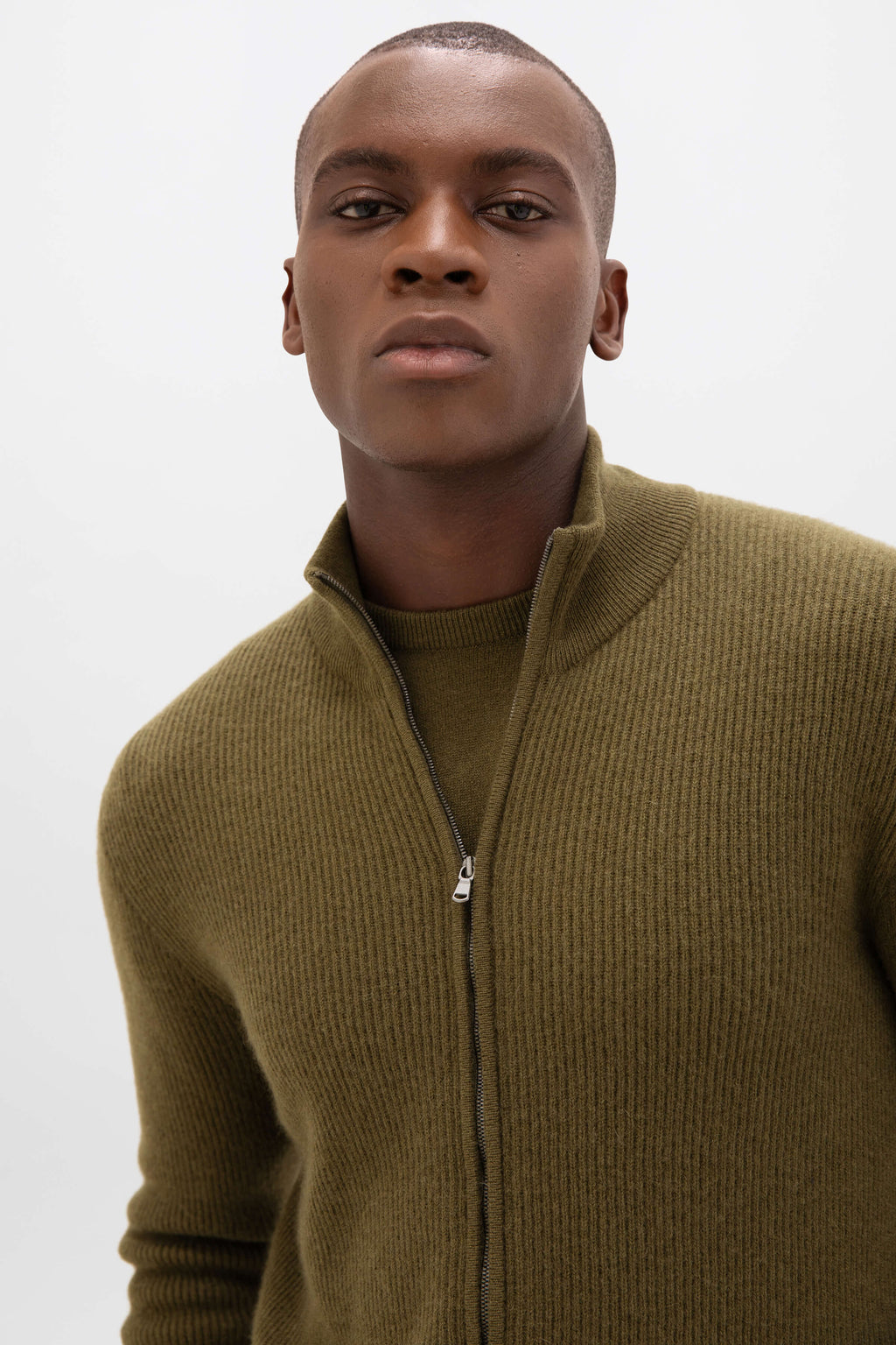 Front Zip Olive Green Cashmere Cardigan