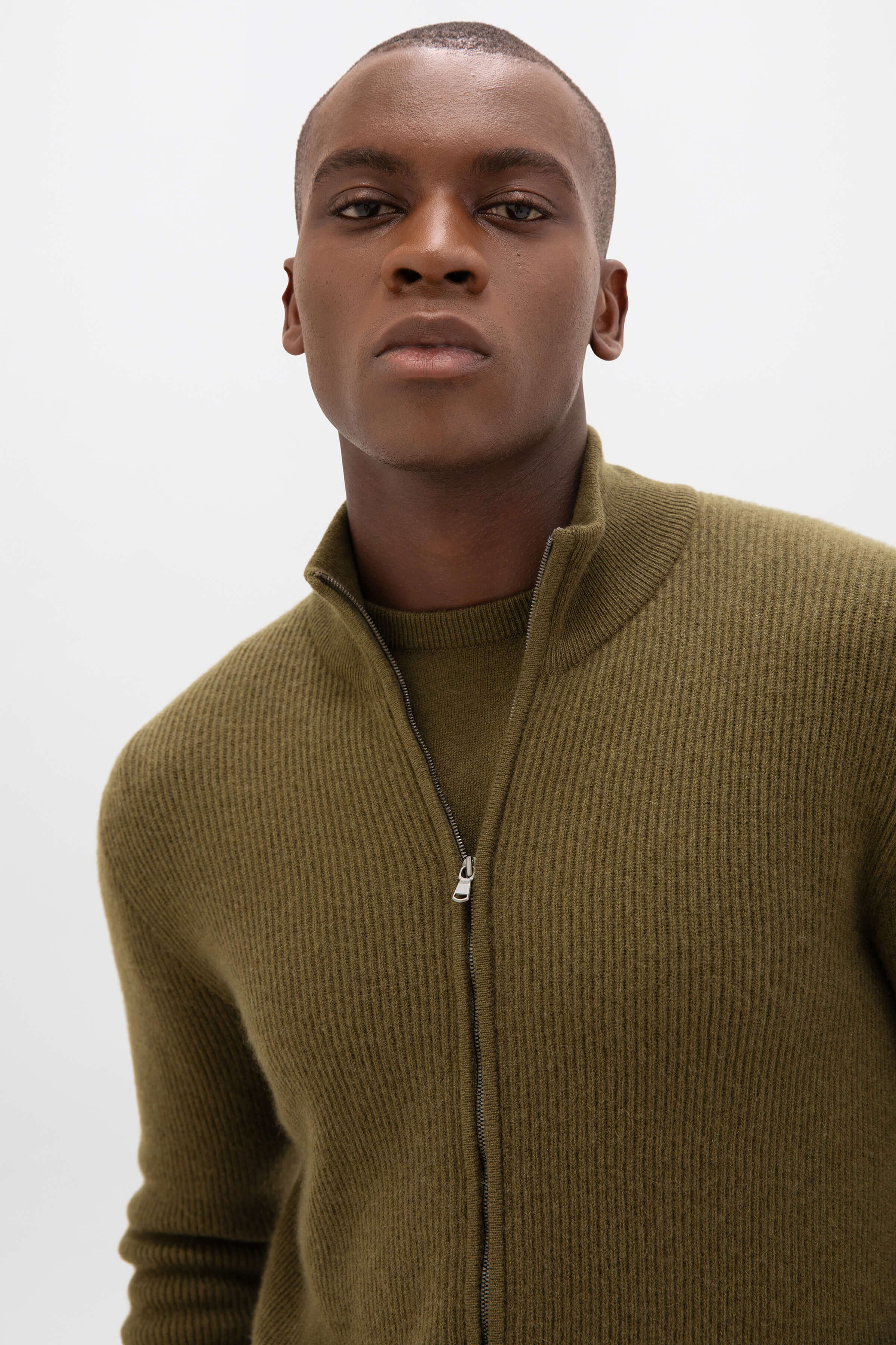 Front Zip Olive Green Cashmere Cardigan