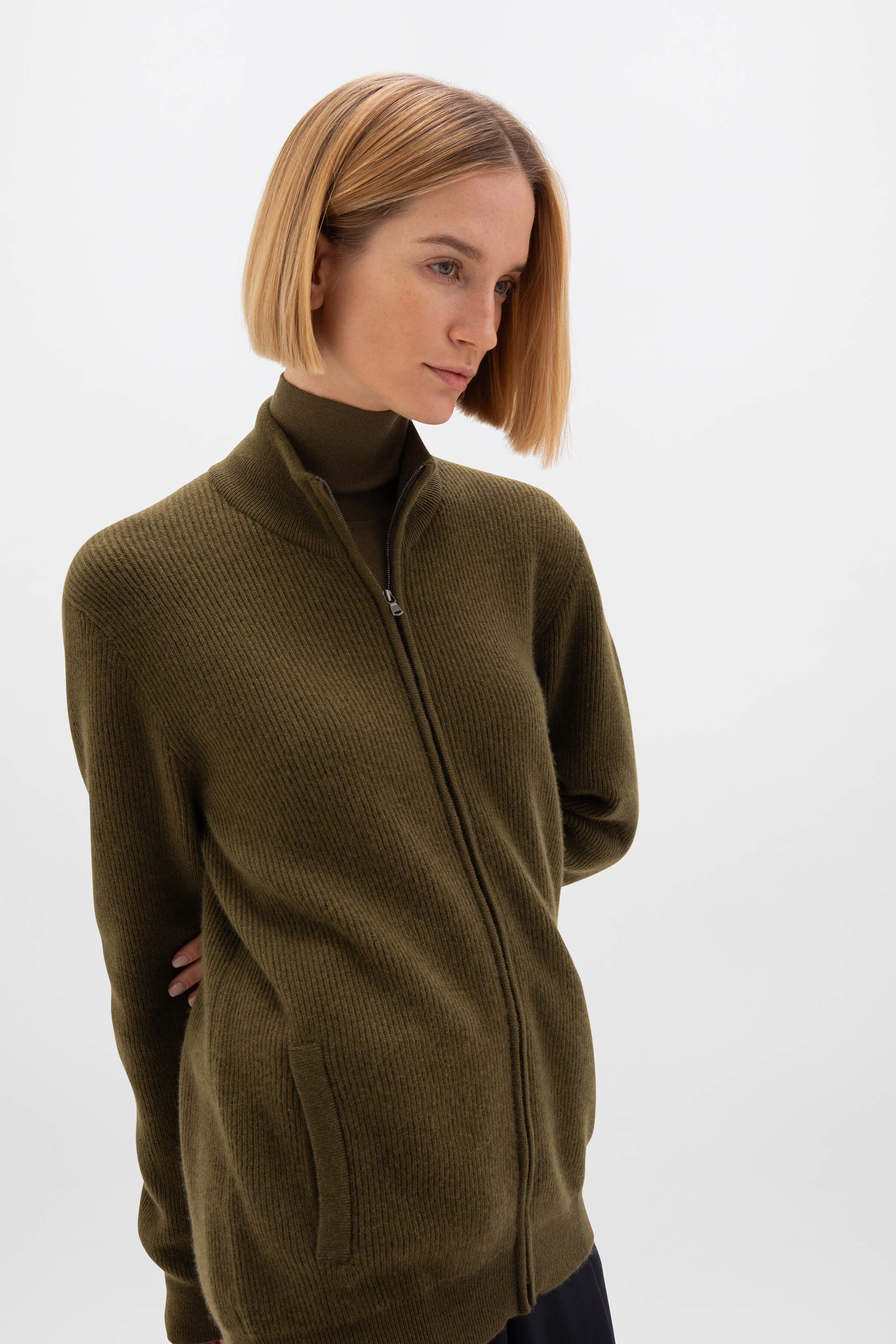Front Zip Olive Green Cashmere Cardigan