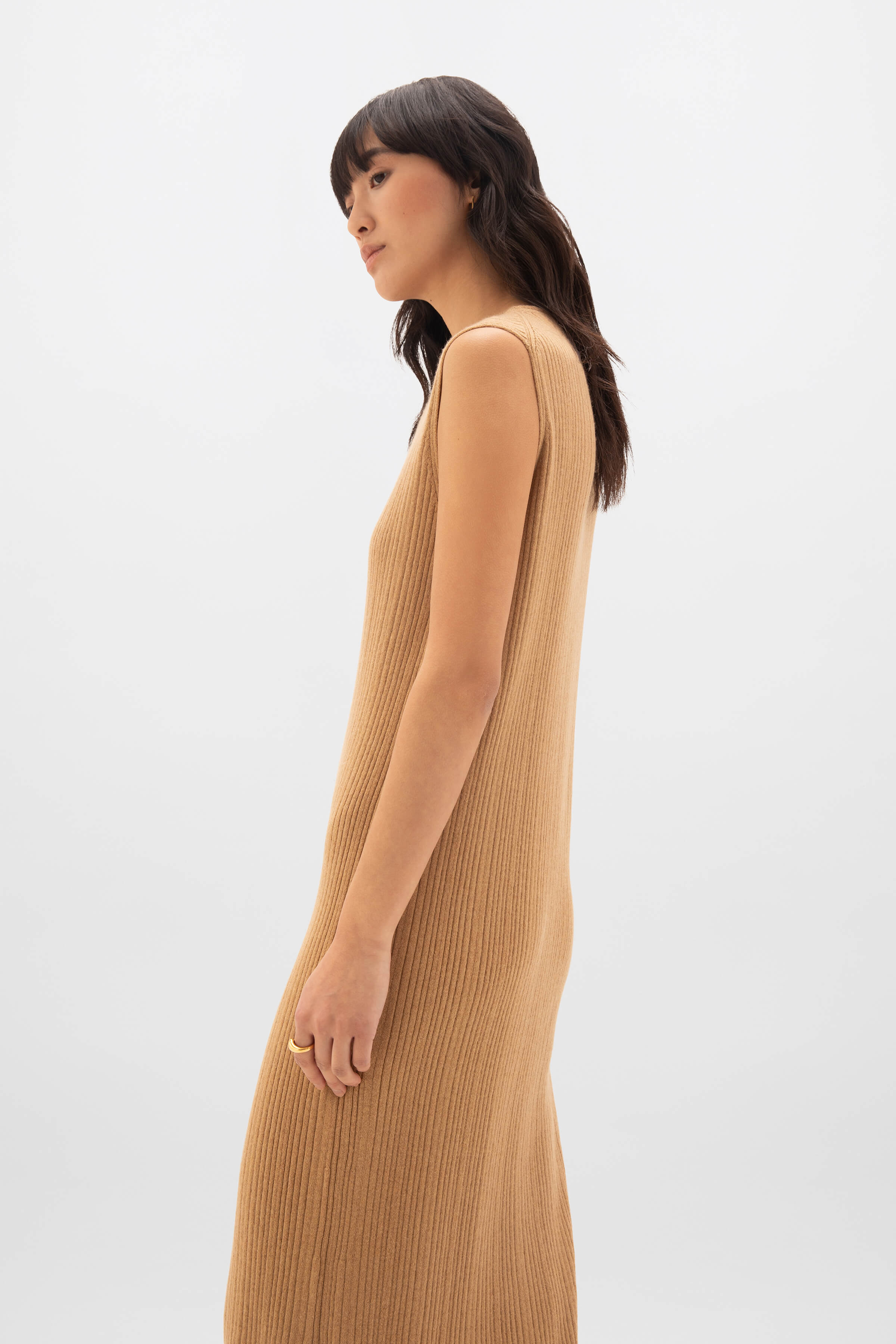 Sleeveless Ribbed Camel Cashmere Dress
