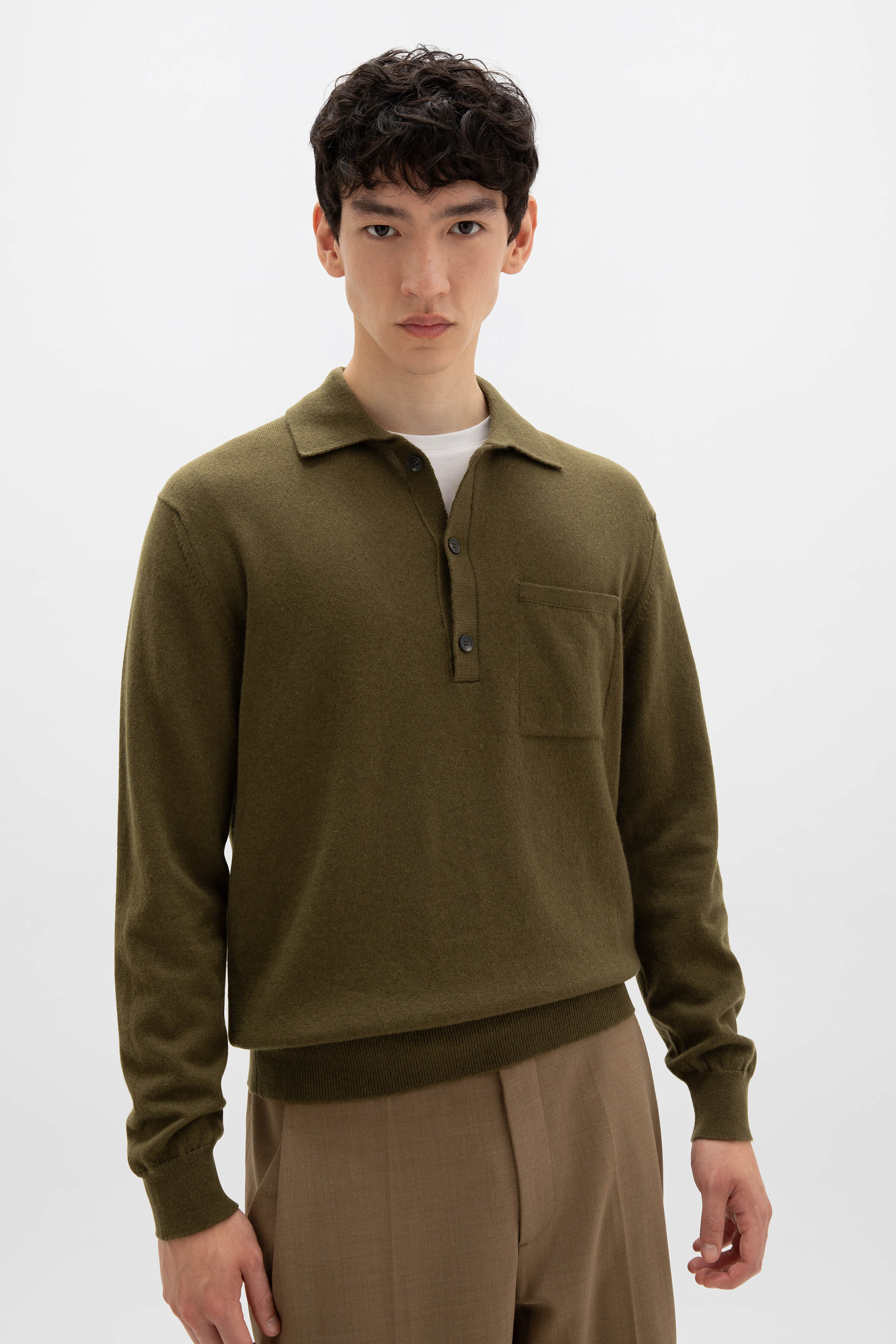 Cashmere Long Sleeve Olive Green Poloshirt