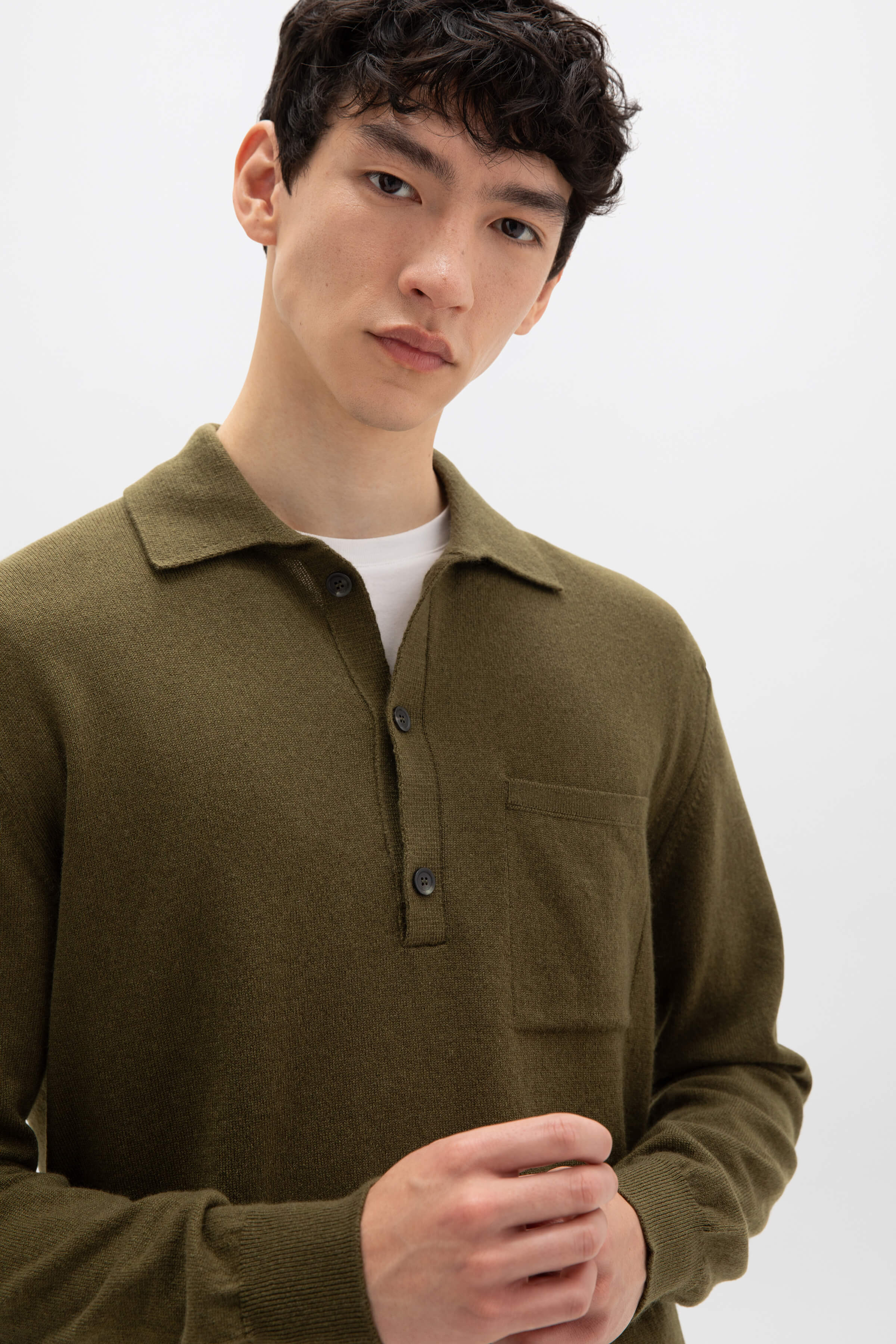 Cashmere Long Sleeve Olive Green Poloshirt