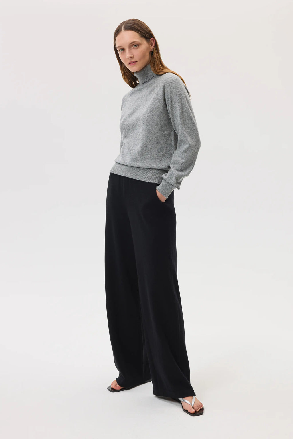 Classic Light Grey Cashmere Roll Neck Jumper