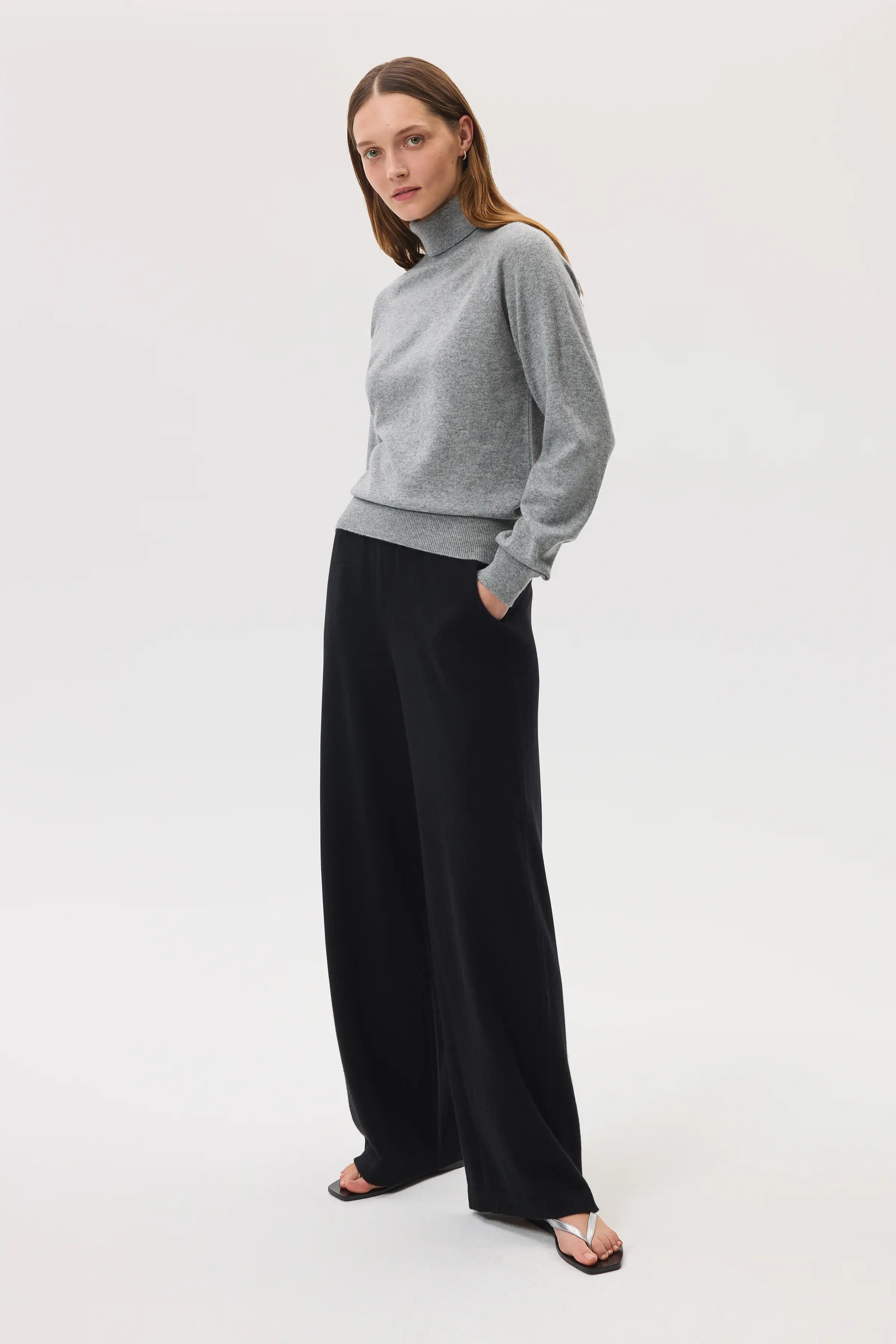 Classic Light Grey Cashmere Roll Neck Jumper