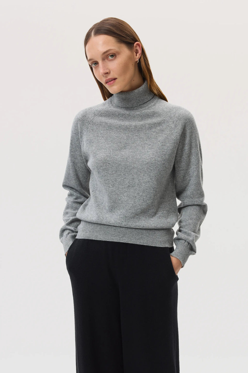 Classic Light Grey Cashmere Roll Neck Jumper