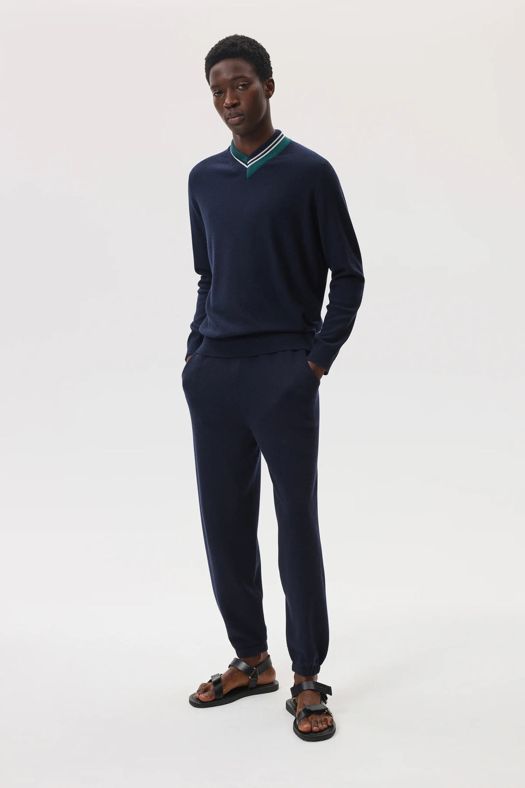 Cashmere Dark Navy V Neck Jumper with Striped Trim