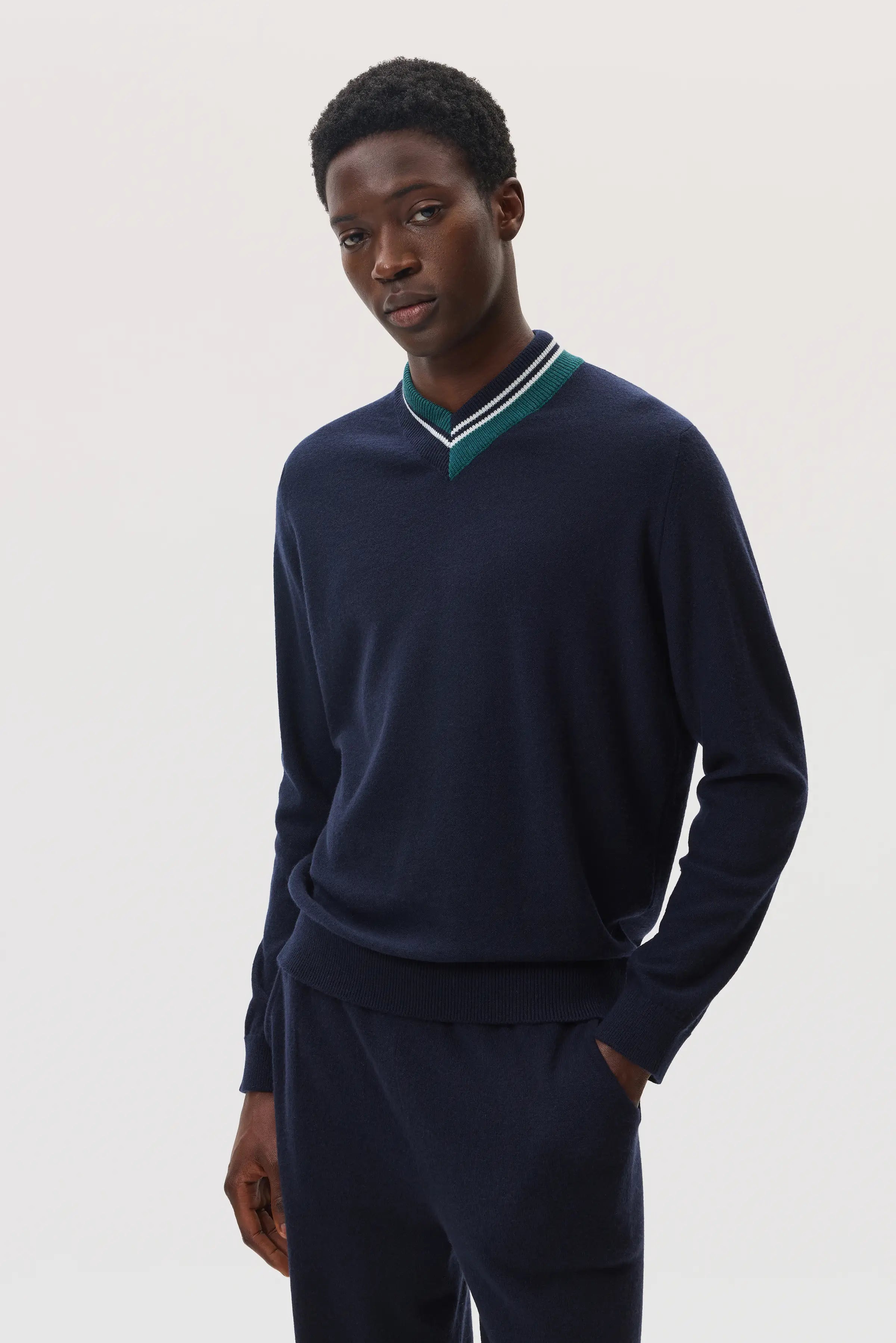 Cashmere Dark Navy V Neck Jumper with Striped Trim