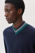 Cashmere Dark Navy V Neck Jumper with Striped Trim