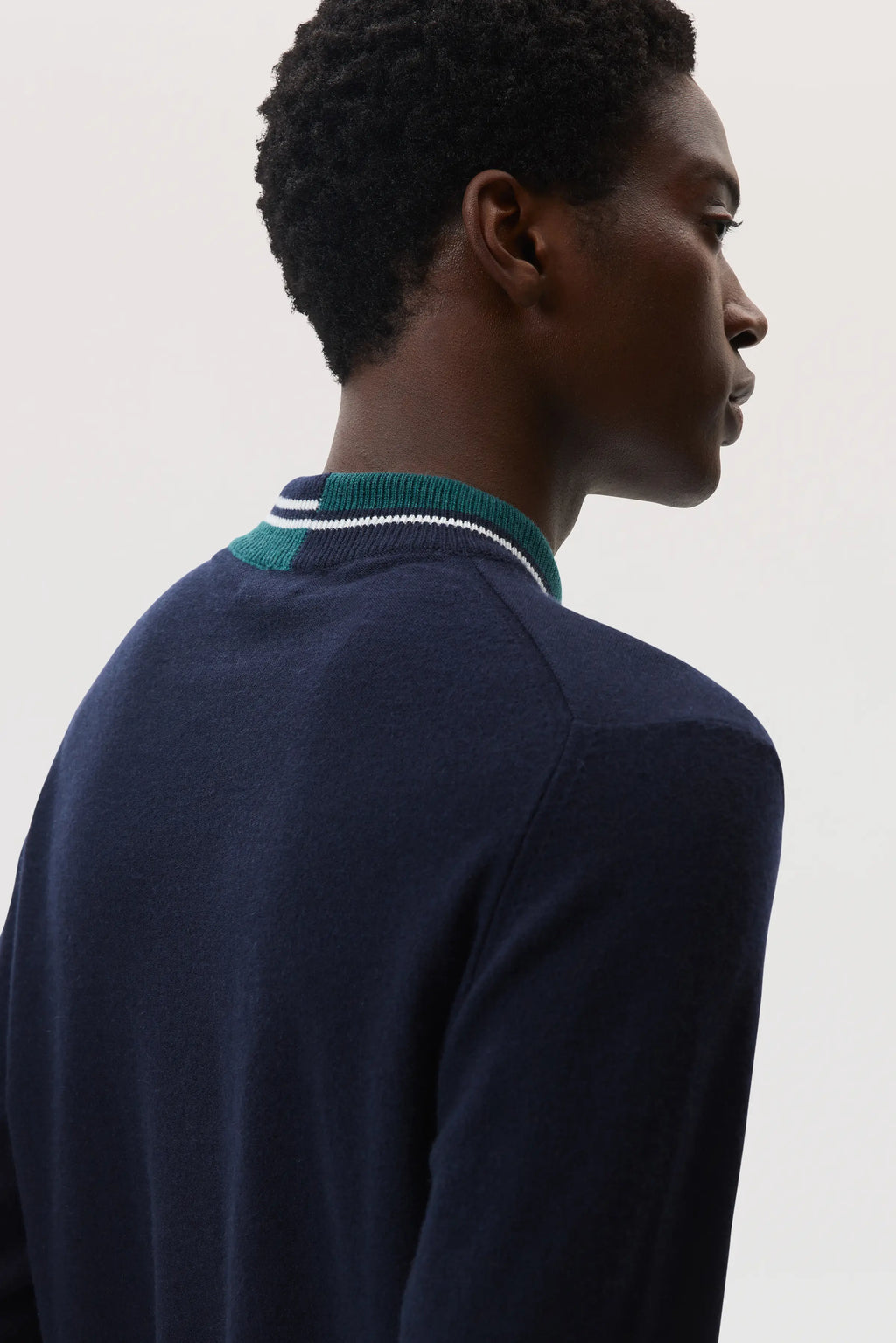 Cashmere Dark Navy V Neck Jumper with Striped Trim