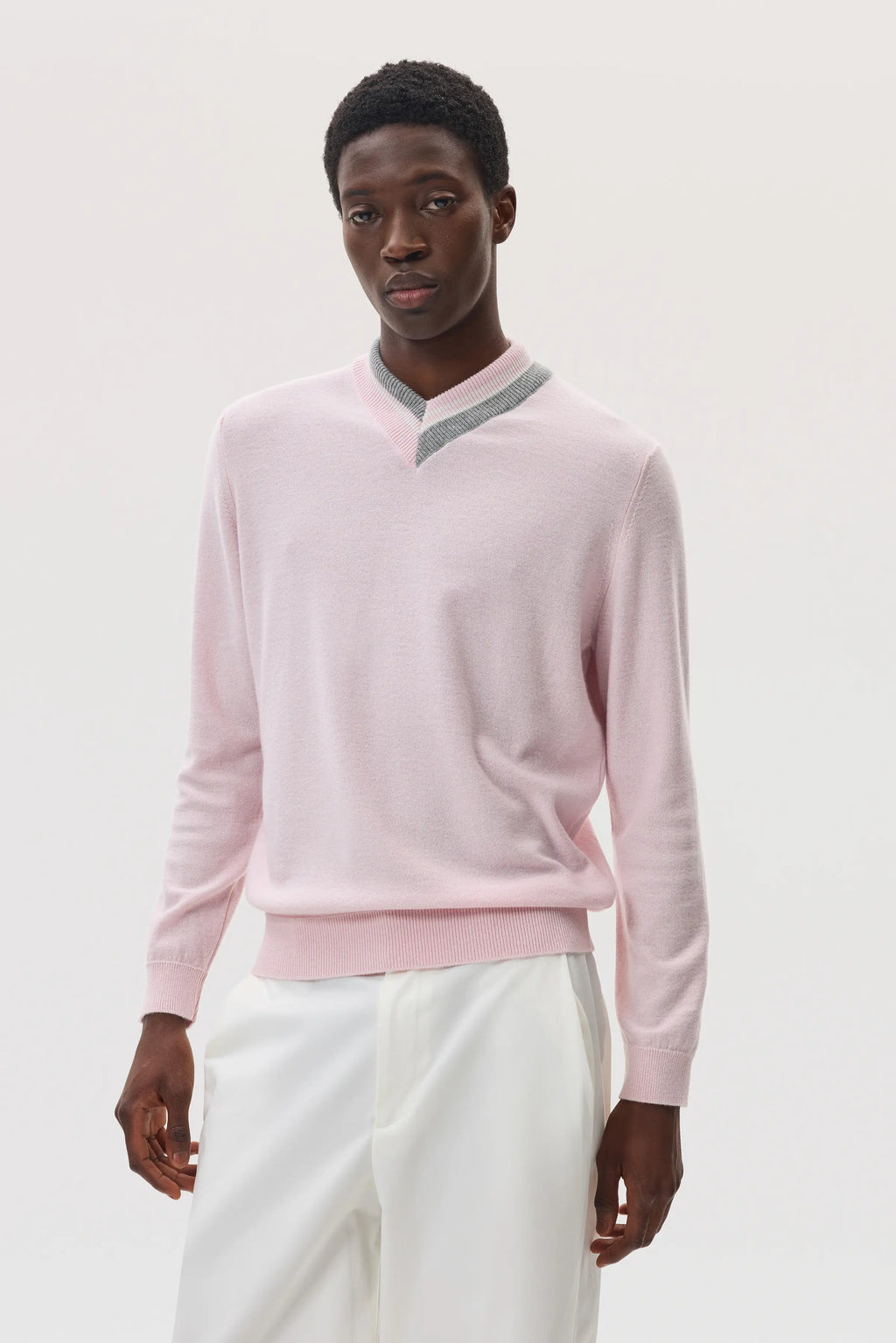 Cashmere V Neck with Striped Trim
