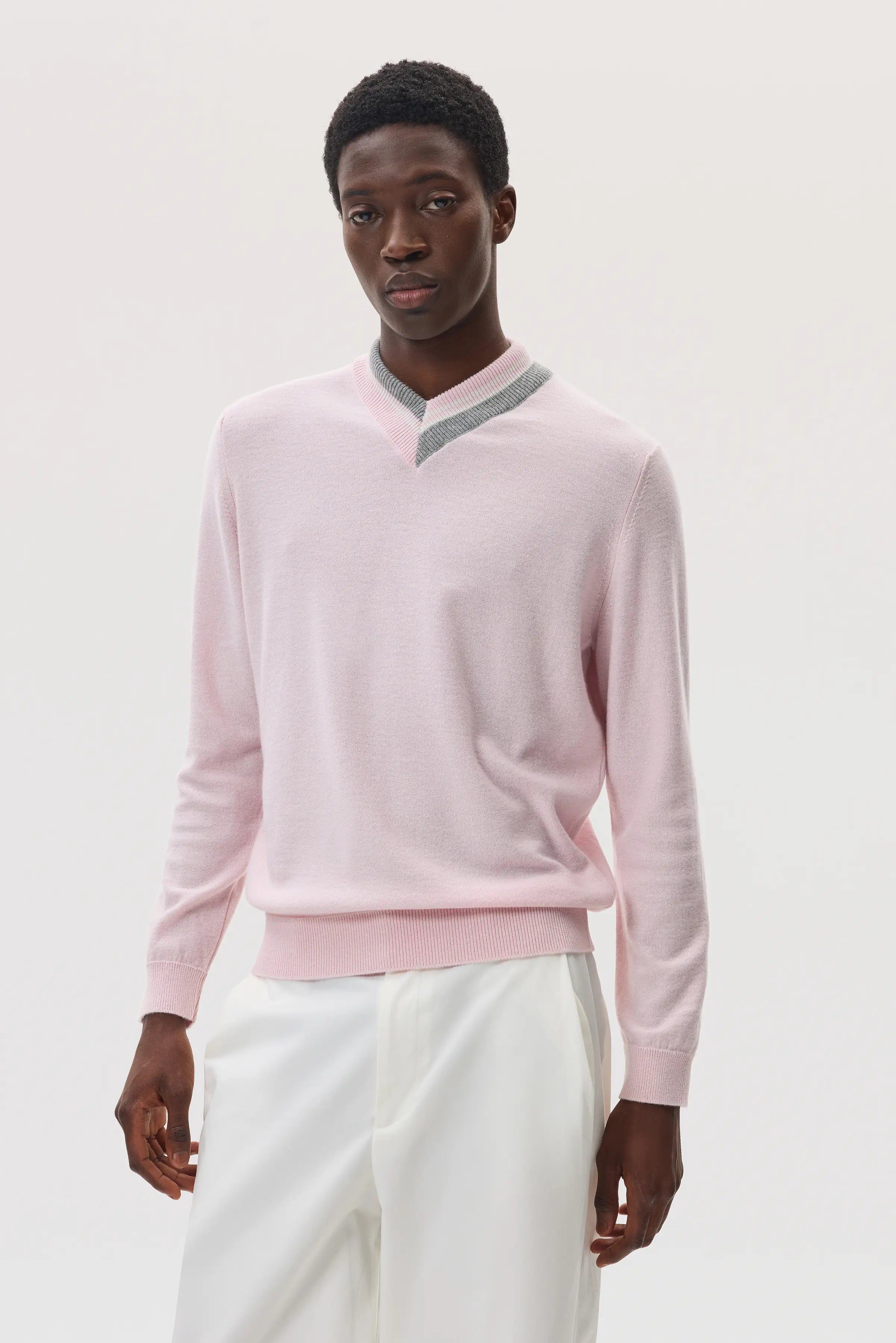 Cashmere V Neck with Striped Trim