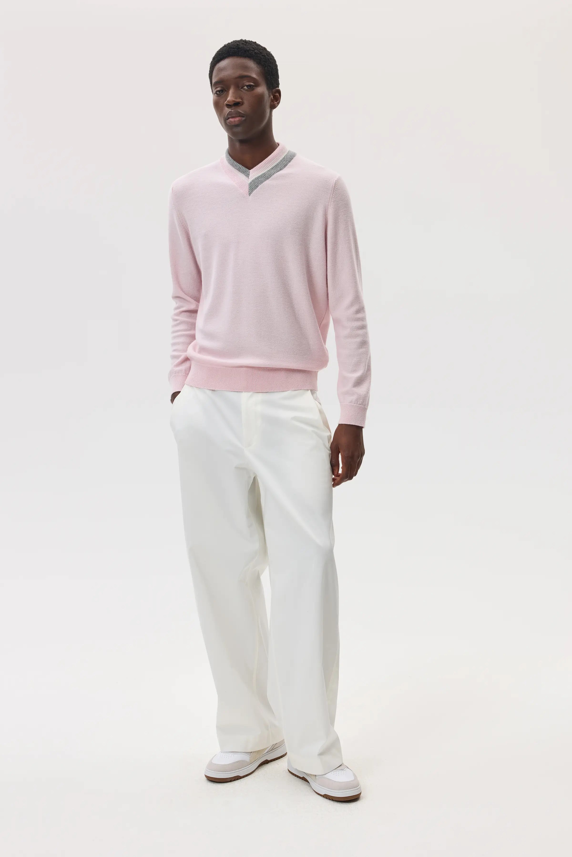 Cashmere V Neck with Striped Trim