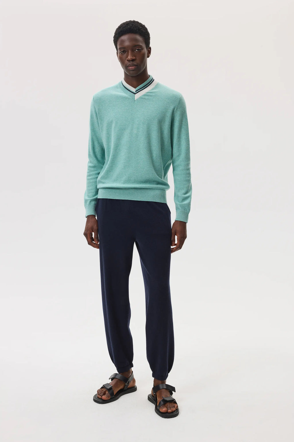 Cashmere V Neck Green Jumper with Striped Trim