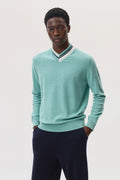 Cashmere V Neck Green Jumper with Striped Trim