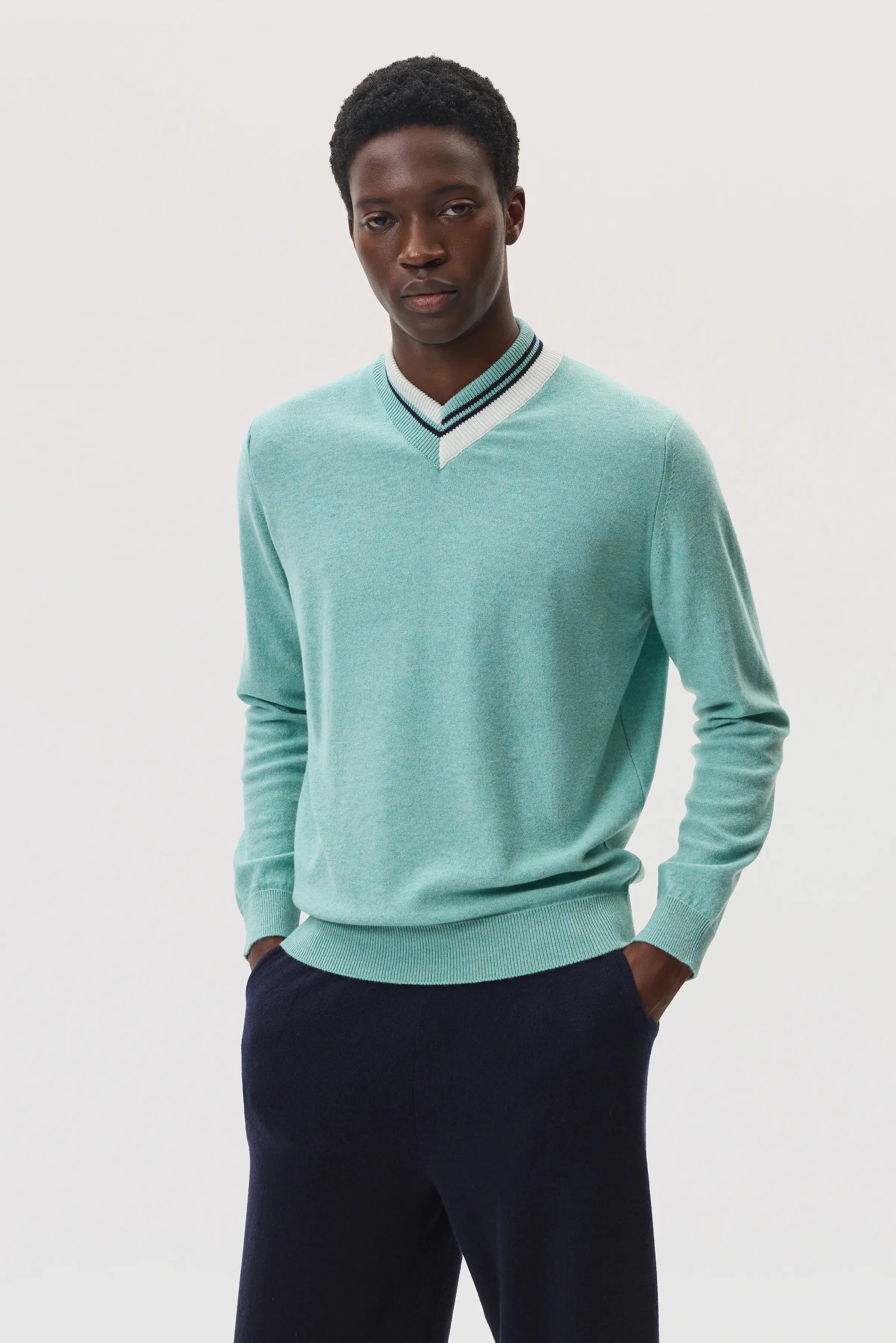 Cashmere V Neck Green Jumper with Striped Trim