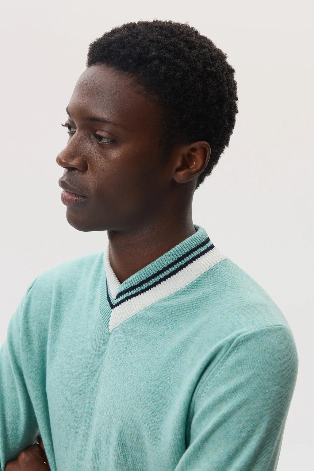 Cashmere V Neck Green Jumper with Striped Trim