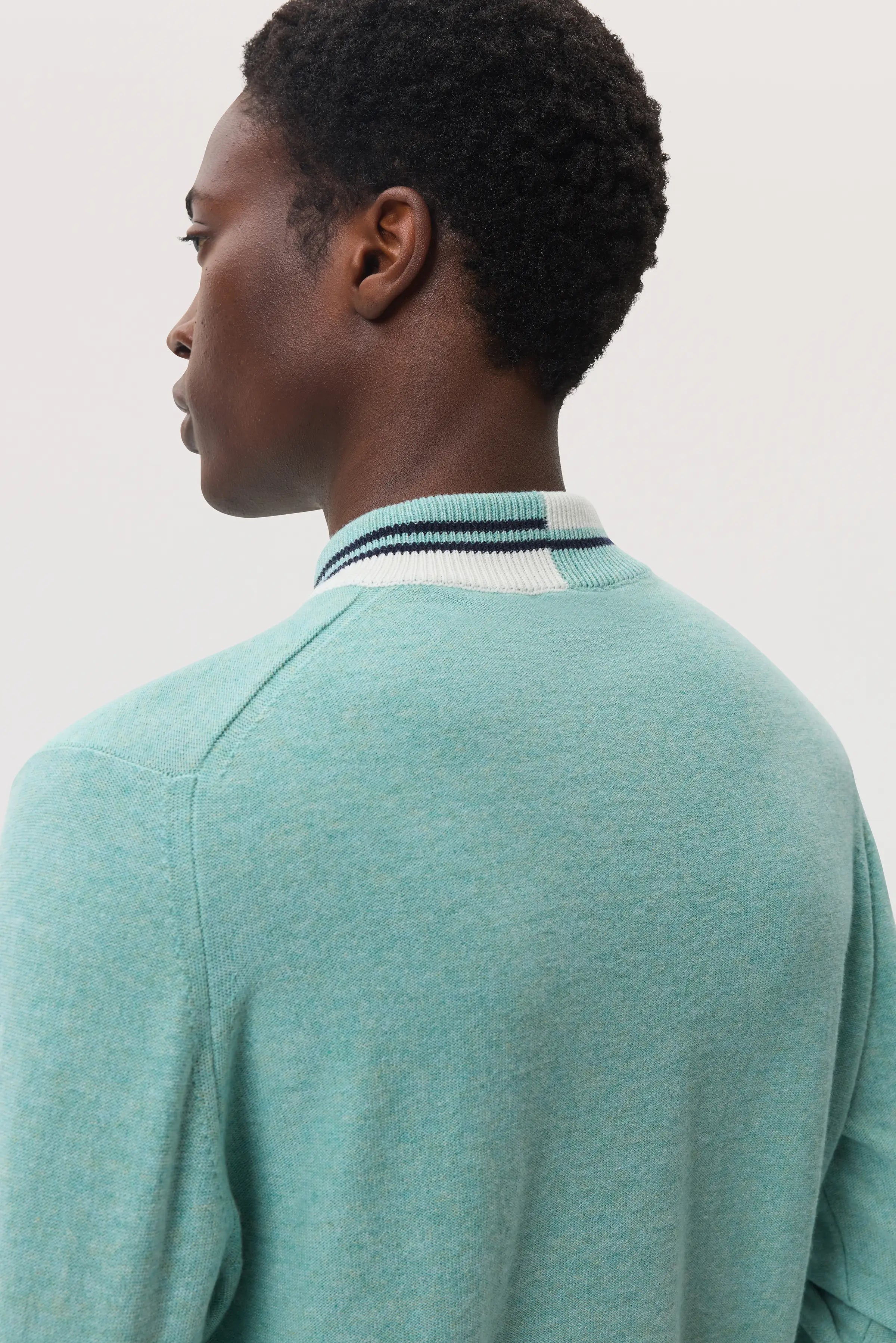 Cashmere V Neck Green Jumper with Striped Trim