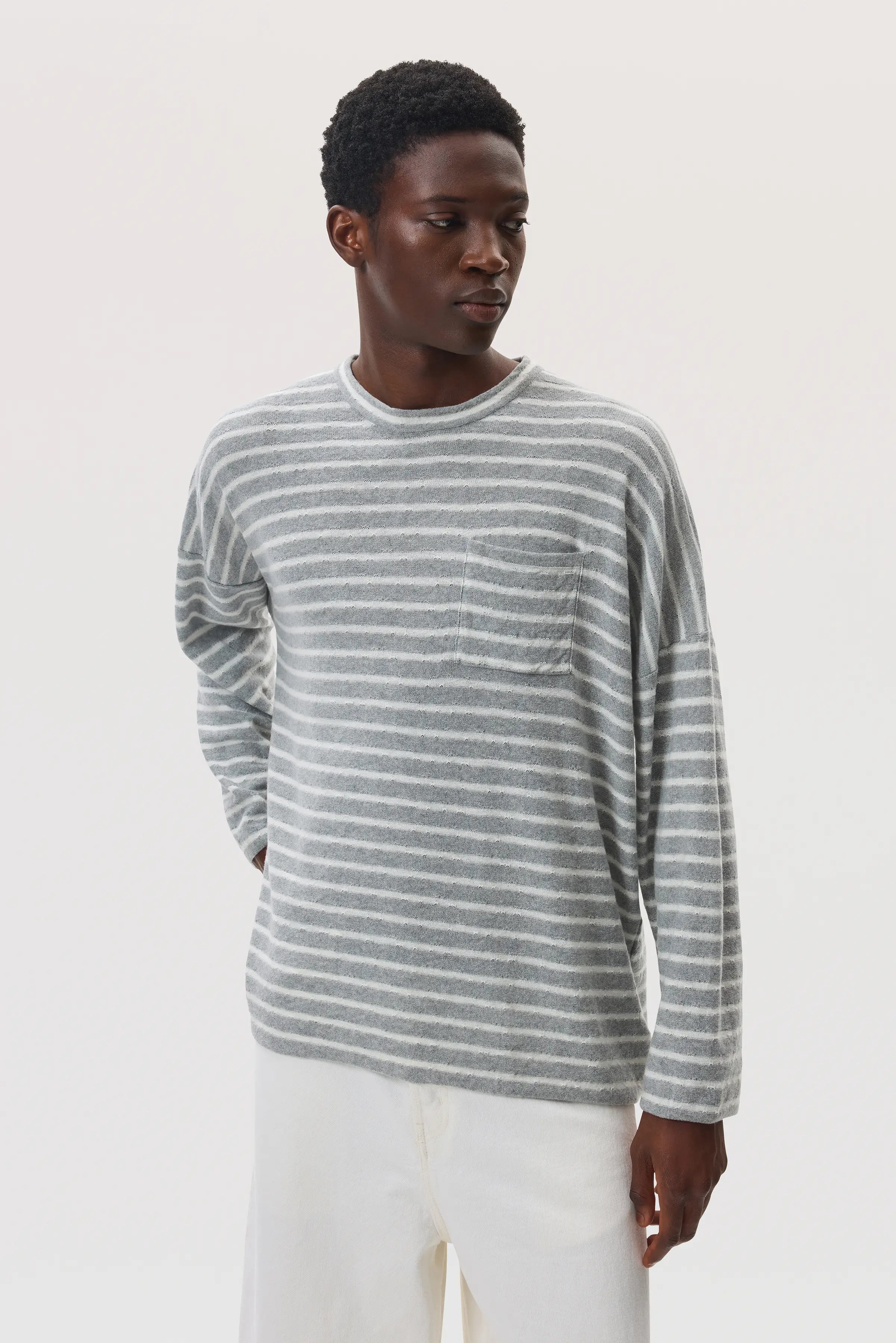 Cashmere Jersey Stripe Light Grey Oversized T-Shirt