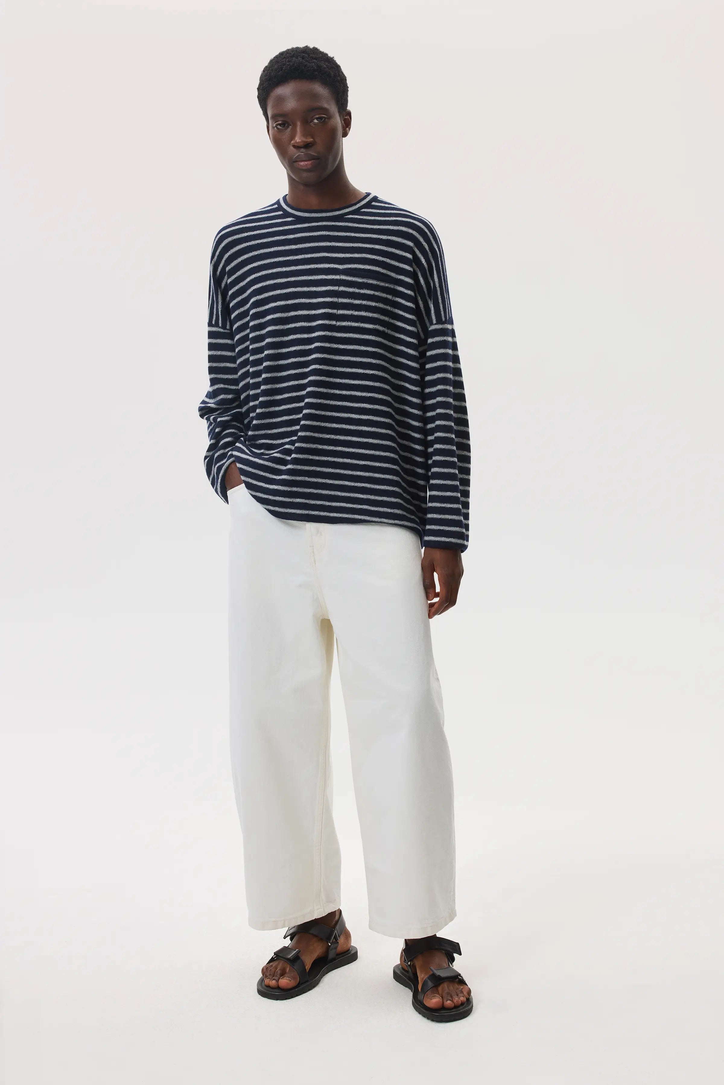 Cashmere Jersey Stripe Dark Navy Oversized T-Shirt