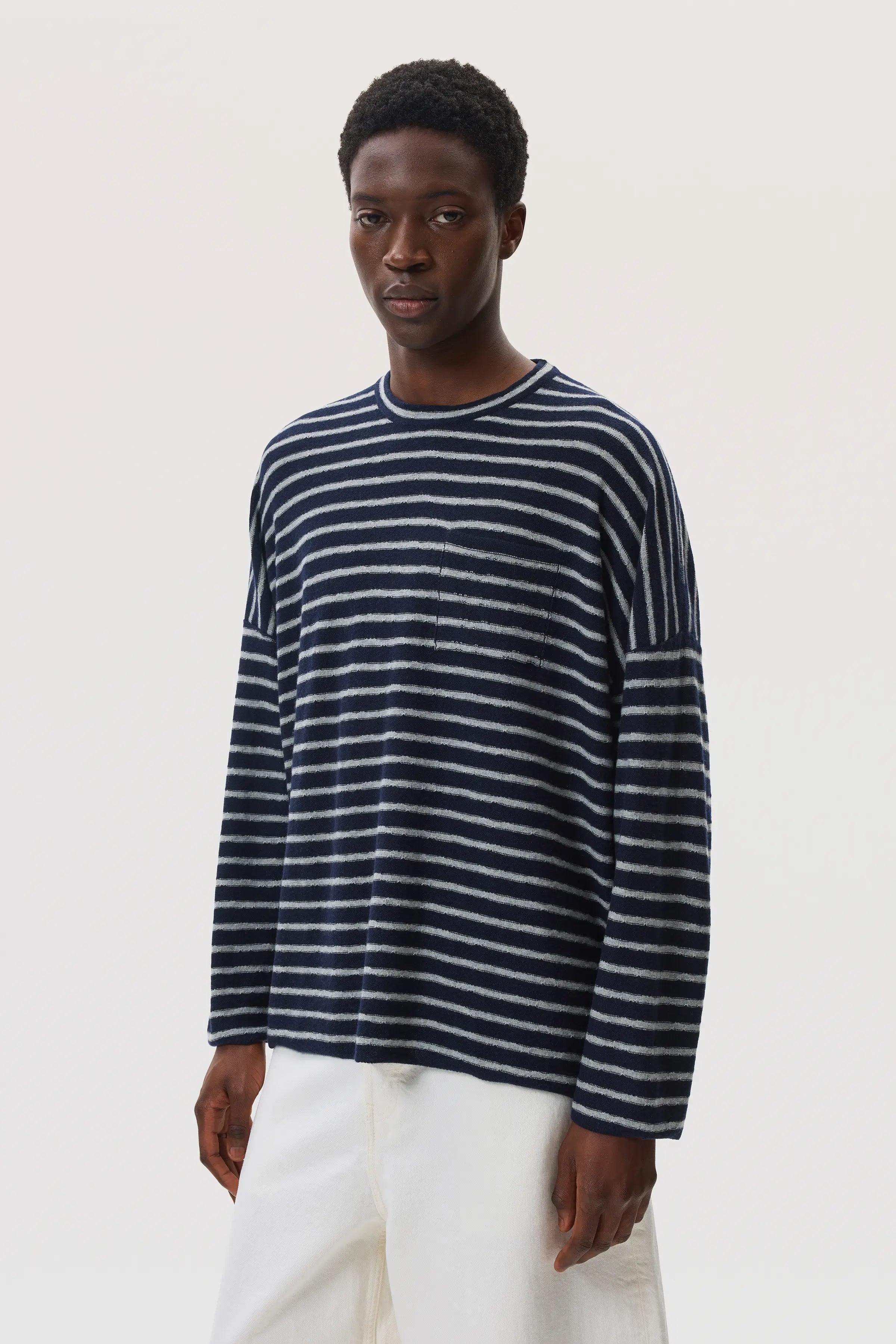 Cashmere Jersey Stripe Dark Navy Oversized T-Shirt