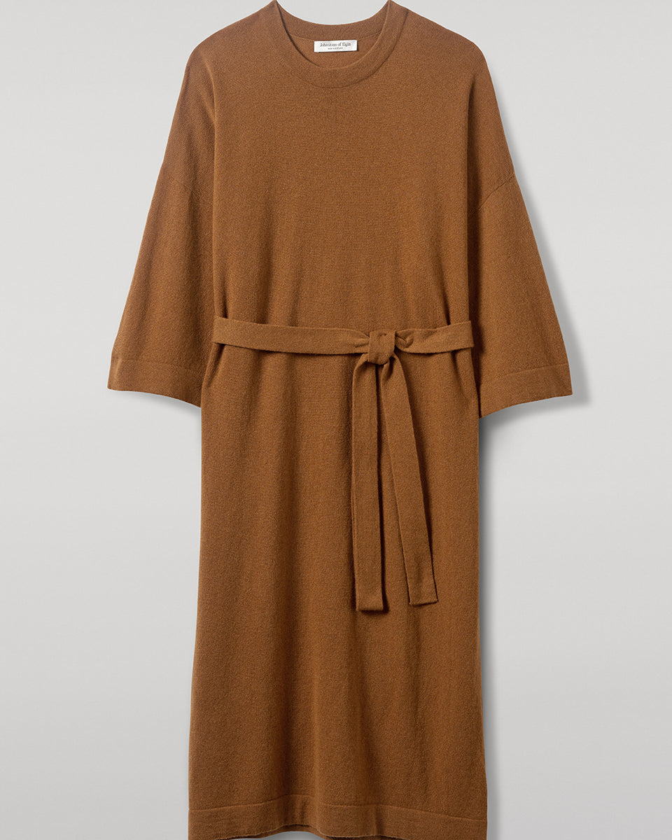 Tie-Waist Cashmere Dark Camel Jumper Dress