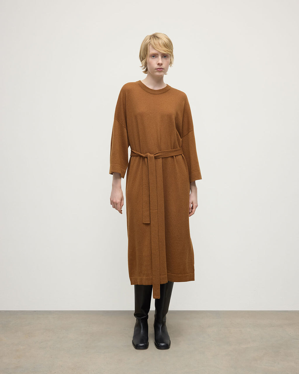 Tie-Waist Cashmere Dark Camel Jumper Dress