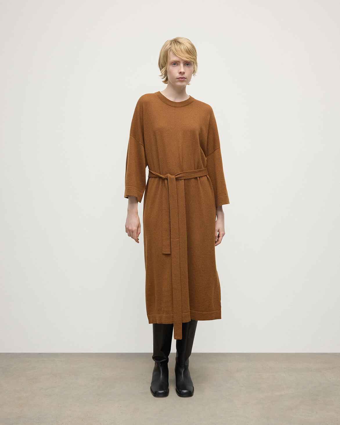 Tie-Waist Cashmere Dark Camel Jumper Dress