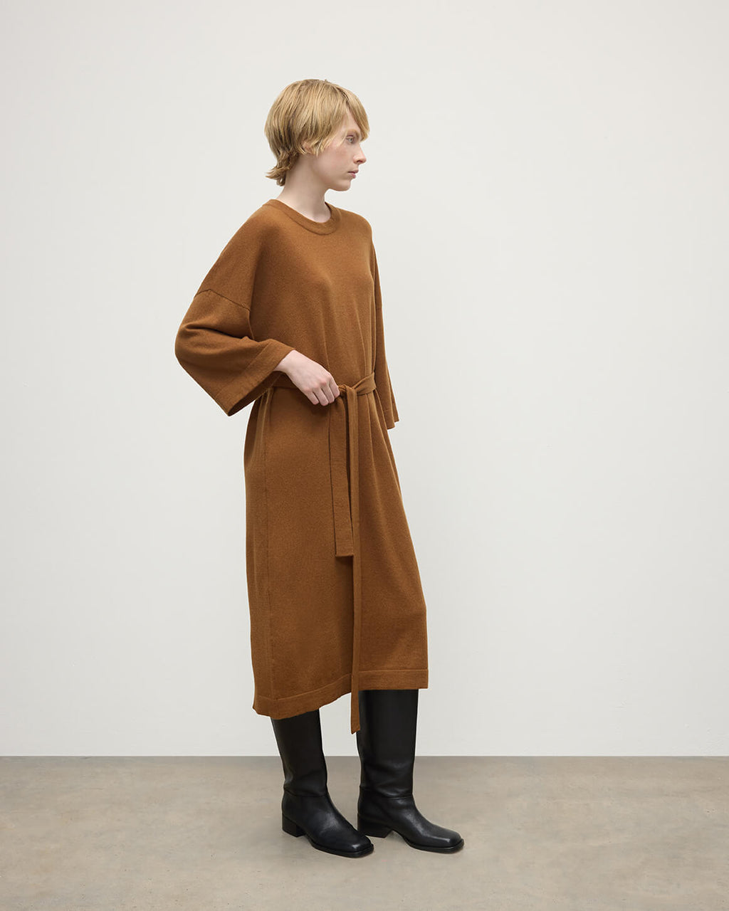 Tie-Waist Cashmere Dark Camel Jumper Dress