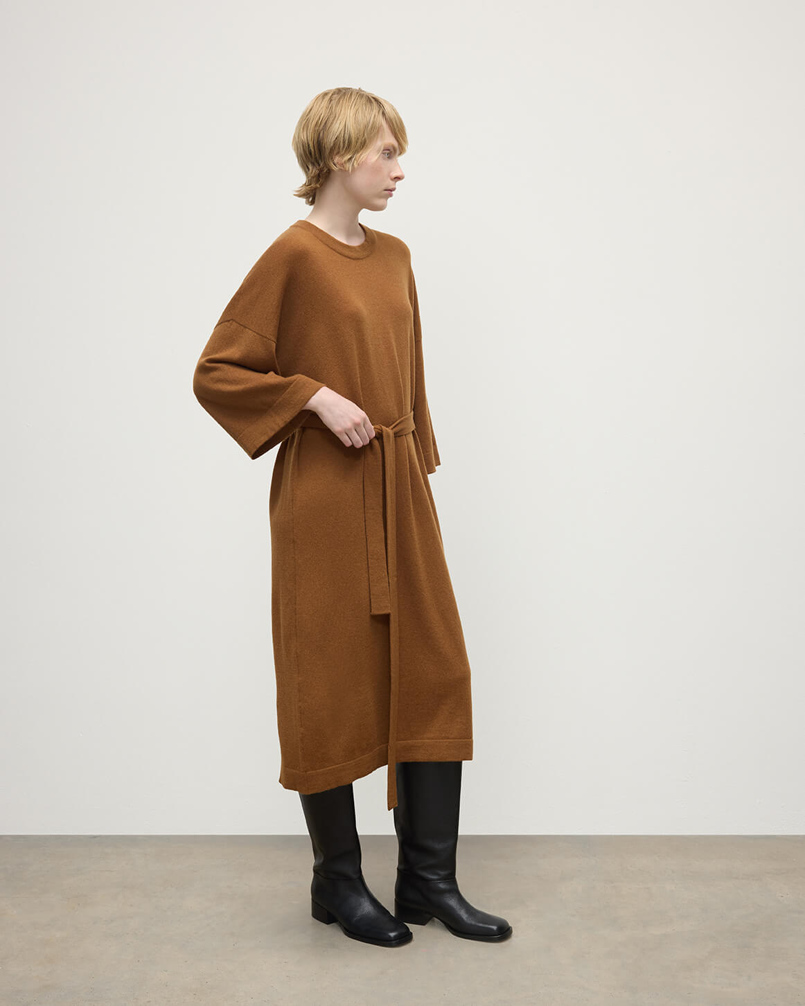 Tie-Waist Cashmere Dark Camel Jumper Dress