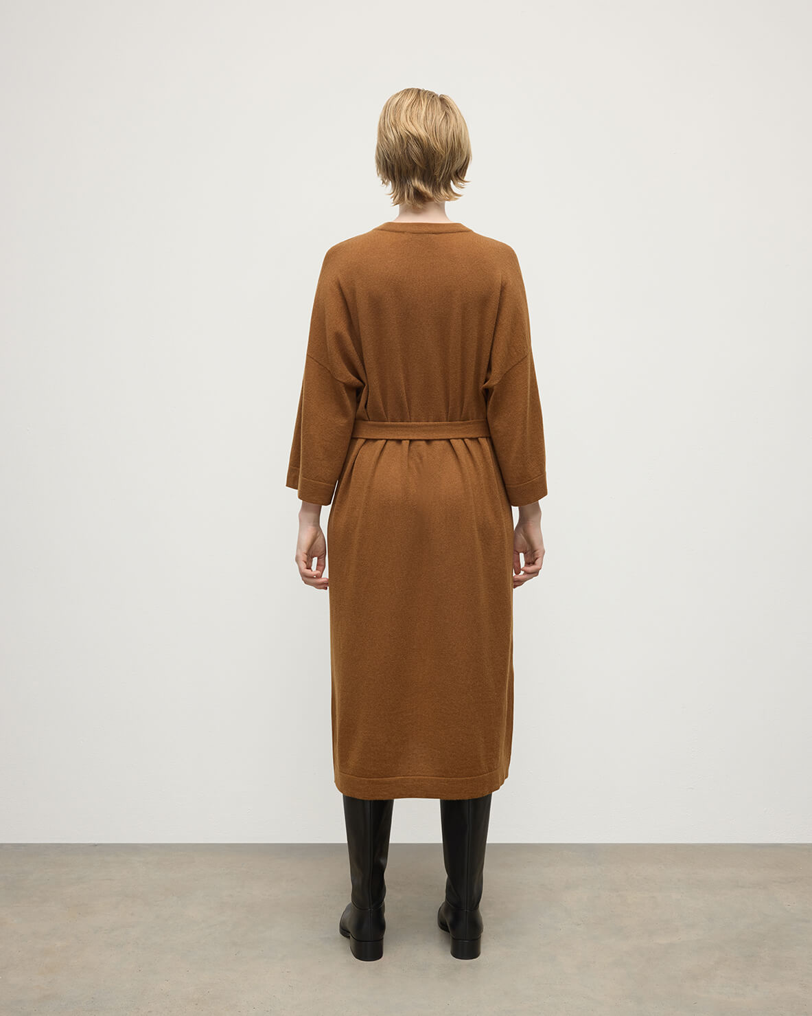 Tie-Waist Cashmere Dark Camel Jumper Dress