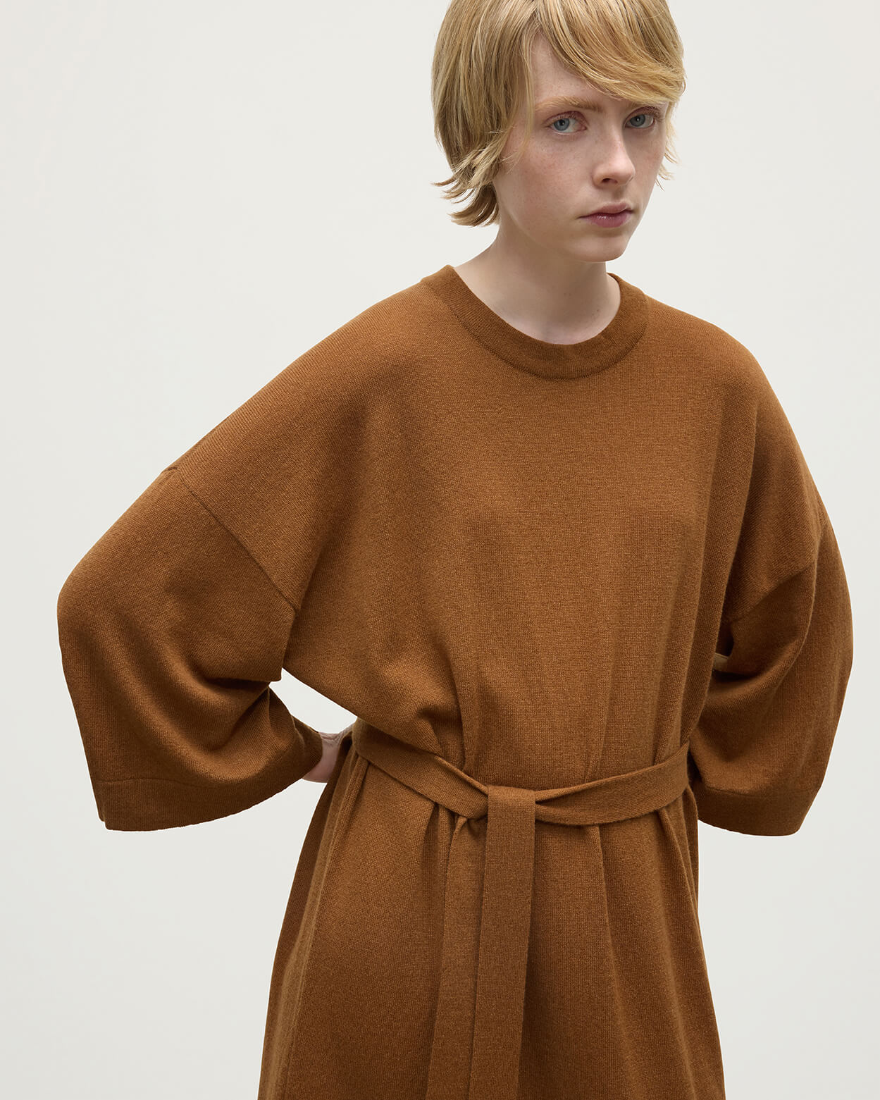 Tie-Waist Cashmere Dark Camel Jumper Dress