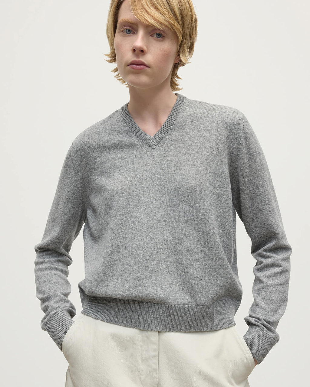 Classic Cashmere Light Grey V Neck Jumper
