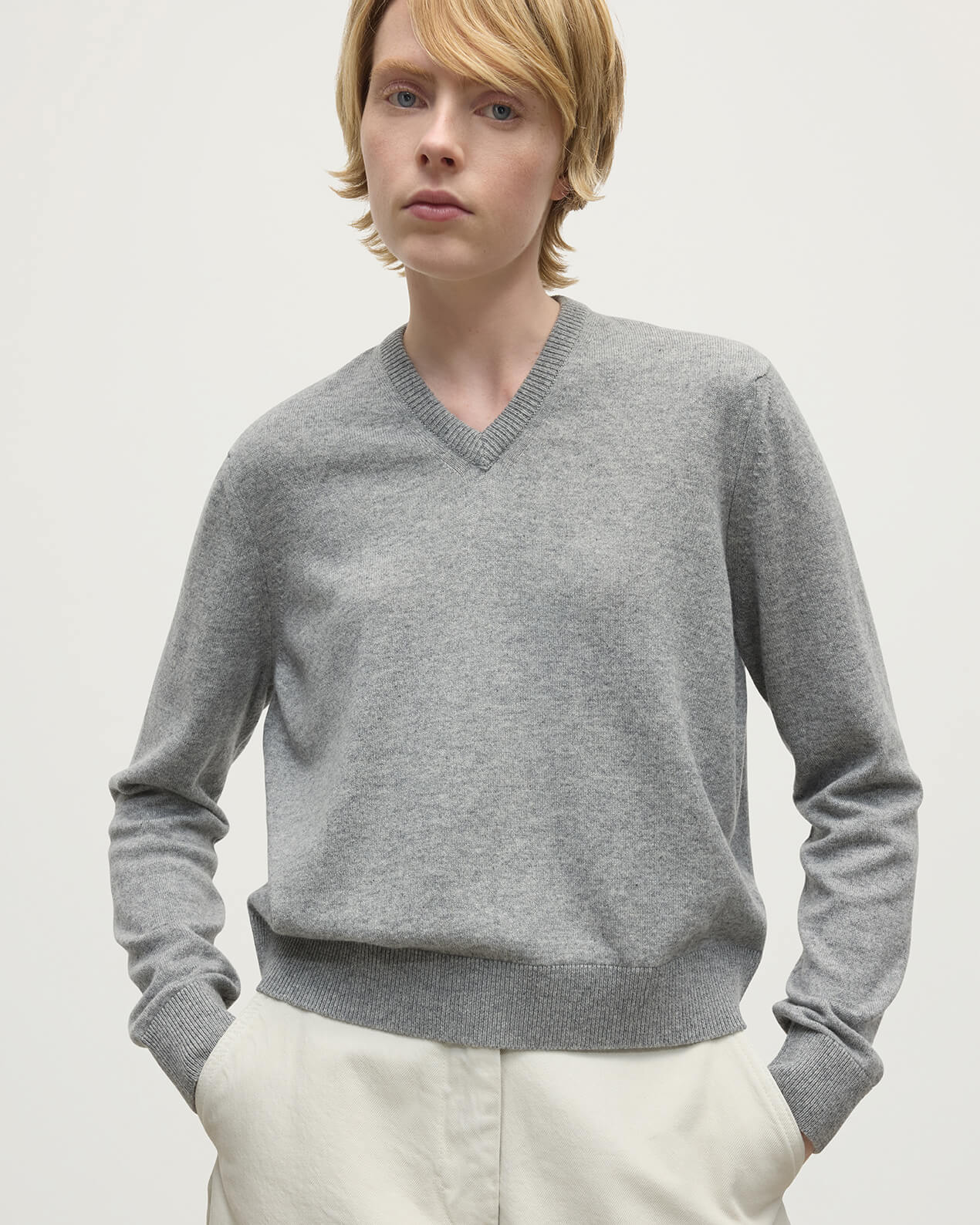 Classic Cashmere Light Grey V Neck Jumper