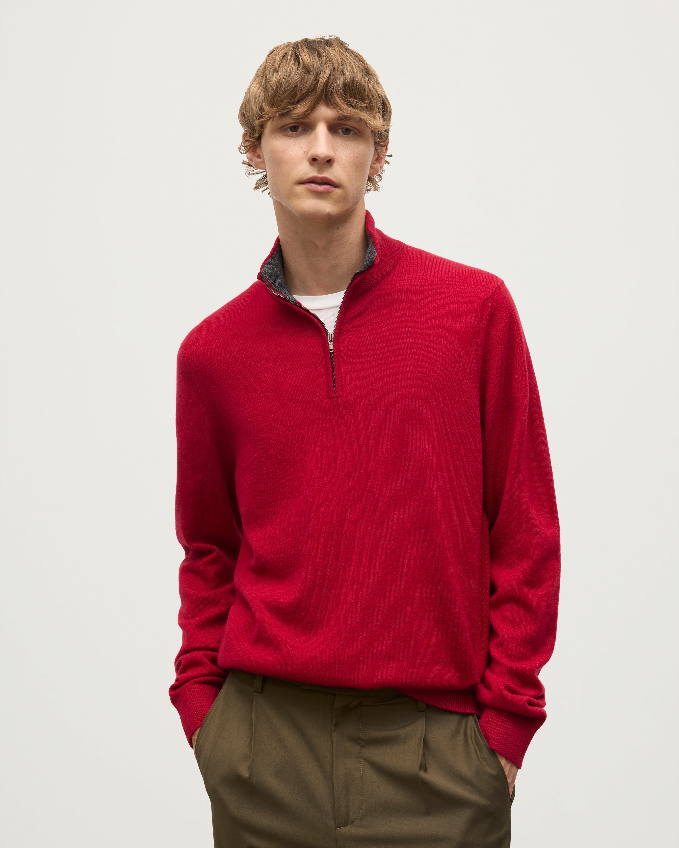 Rory Red & Grey Classic Cashmere Contrast Zip Neck Jumper