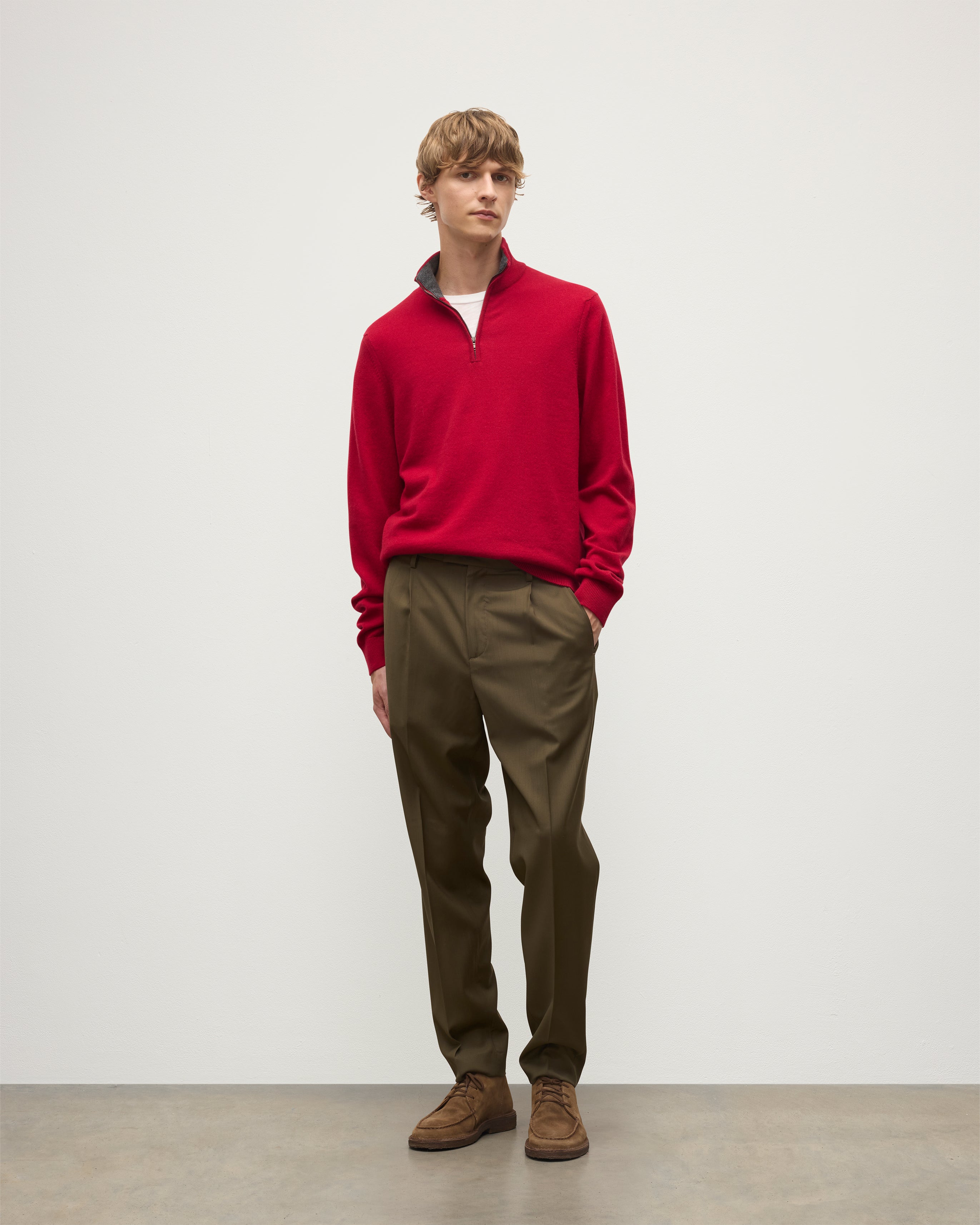 Rory Red & Grey Classic Cashmere Contrast Zip Neck Jumper
