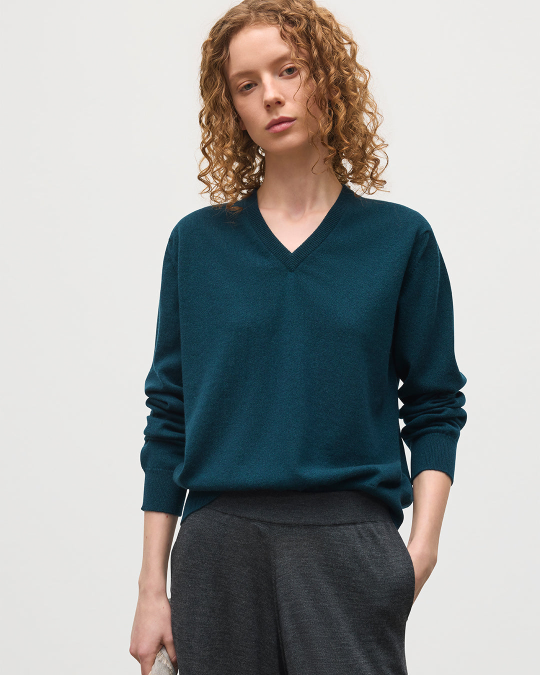 Lunan Bottle Green Classic V Neck Jumper