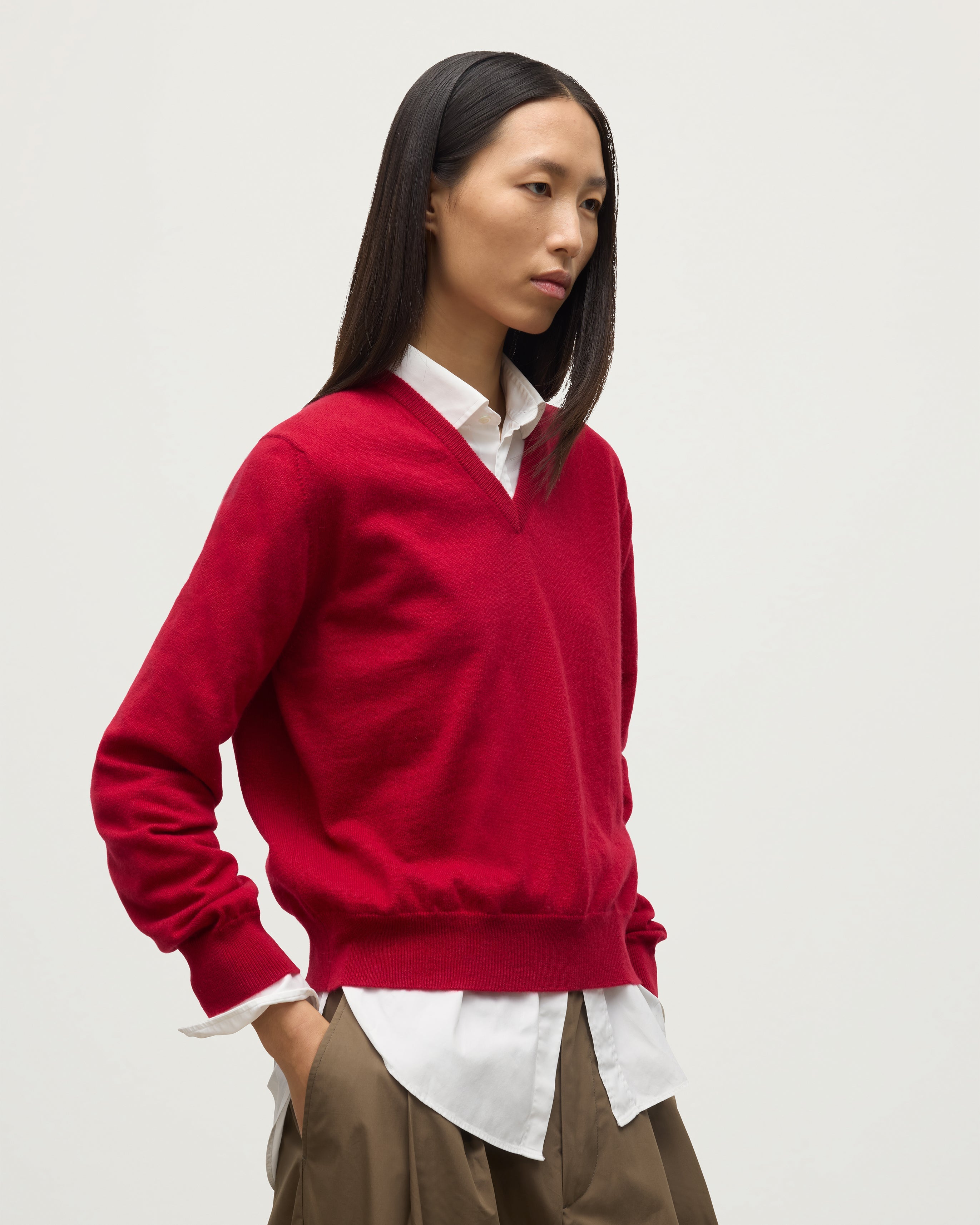 Lunan Red Classic Cashmere V Neck Jumper