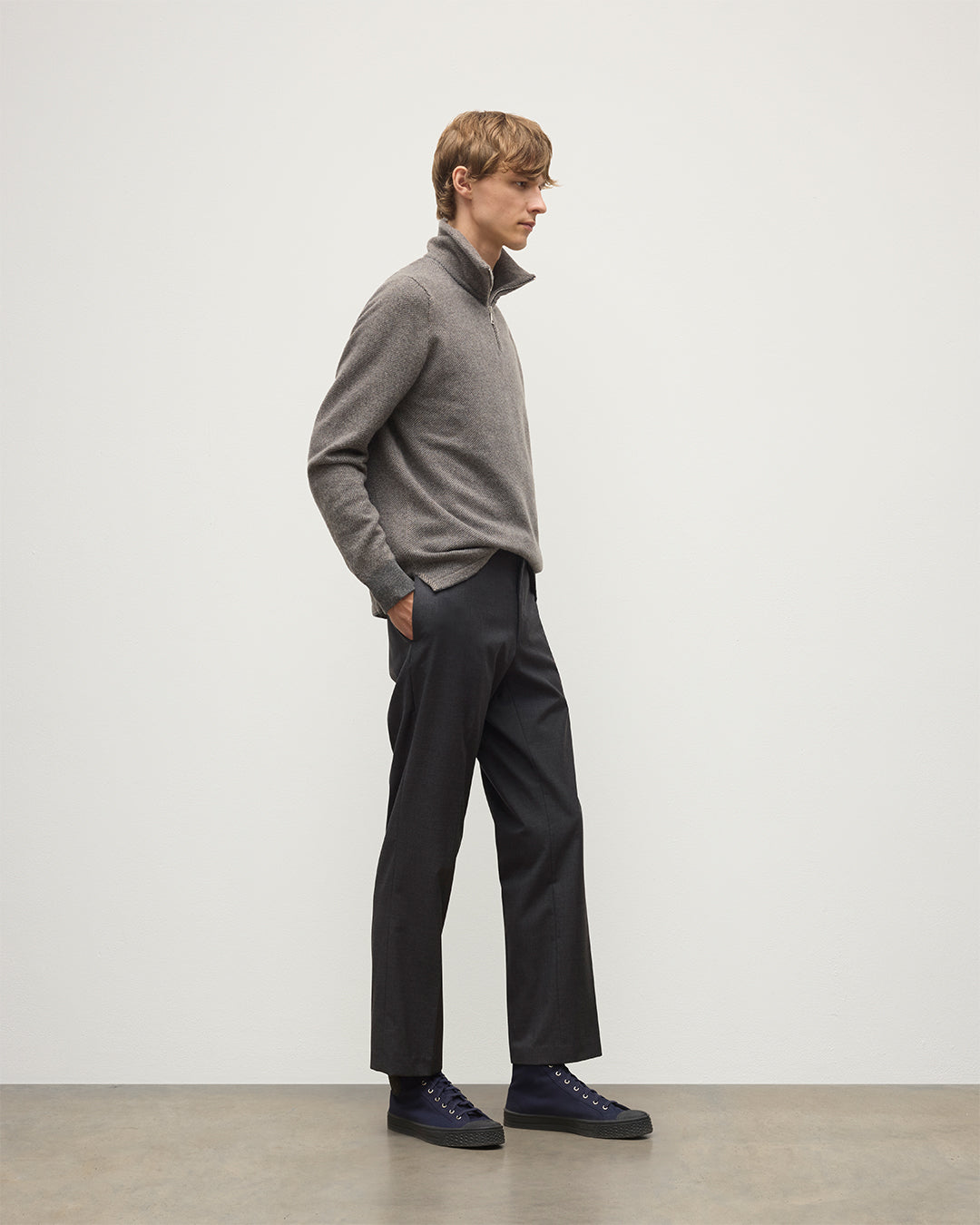 Tweel Grey & Brown Cashmere Half Zip Jumper