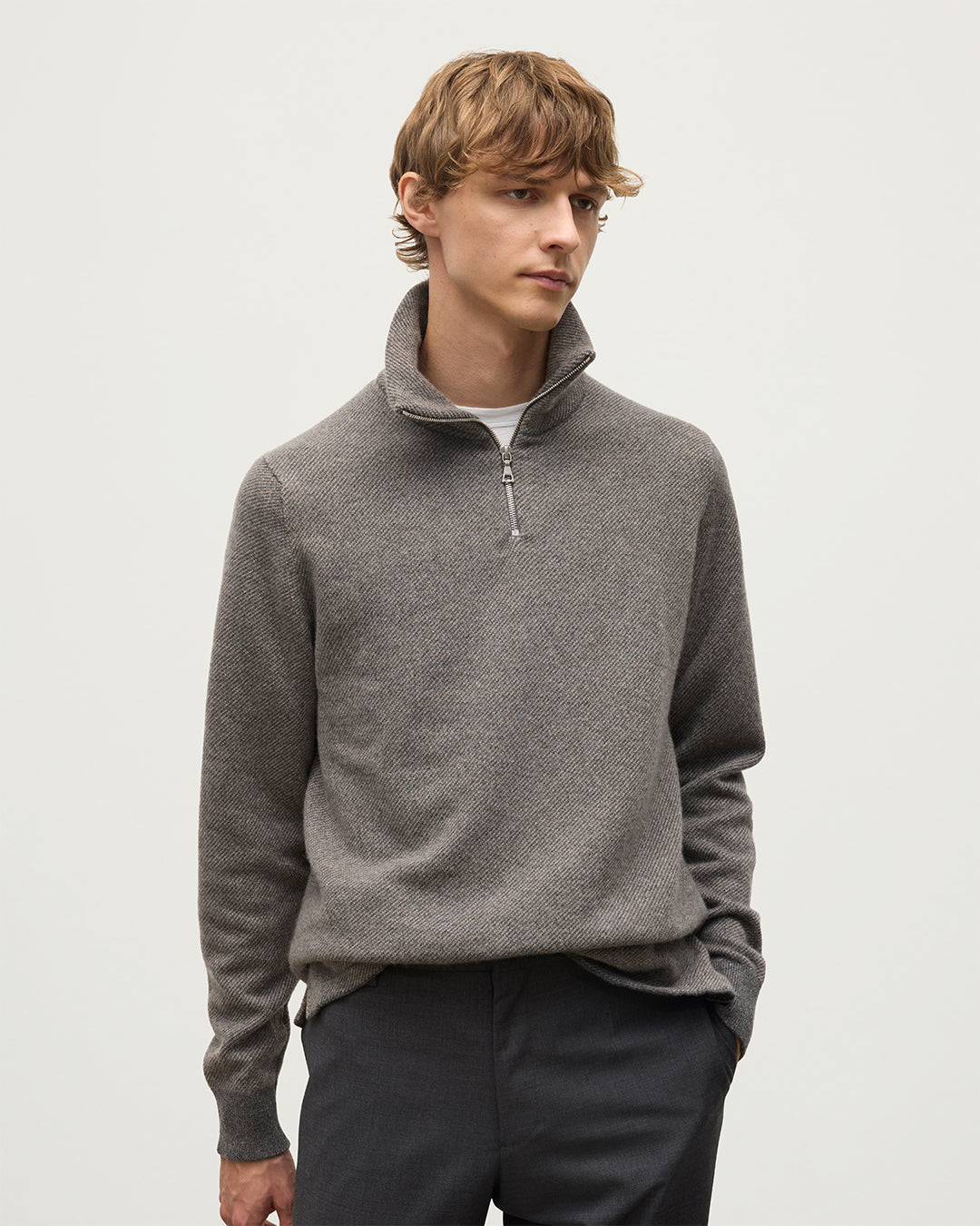 Tweel Grey & Brown Cashmere Half Zip Jumper