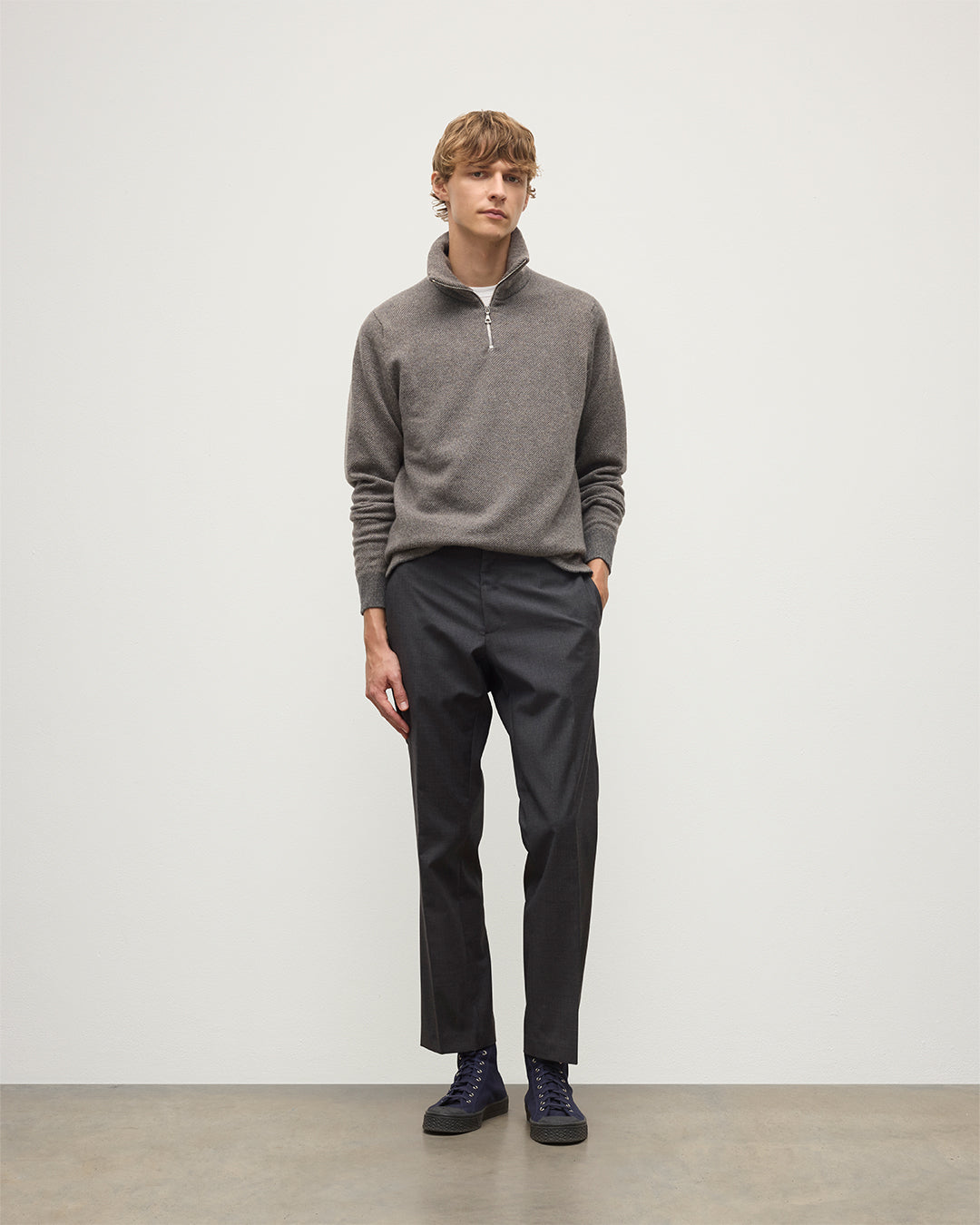 Tweel Grey & Brown Cashmere Half Zip Jumper