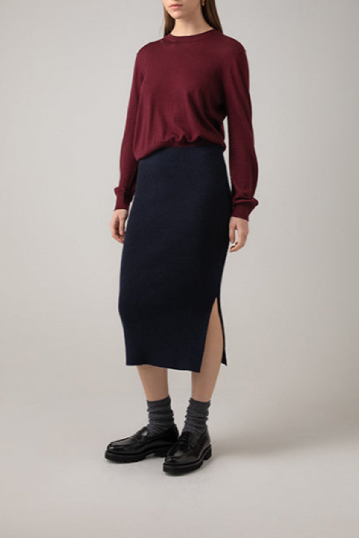 Dark Navy Ribbed Cashmere Tube Skirt