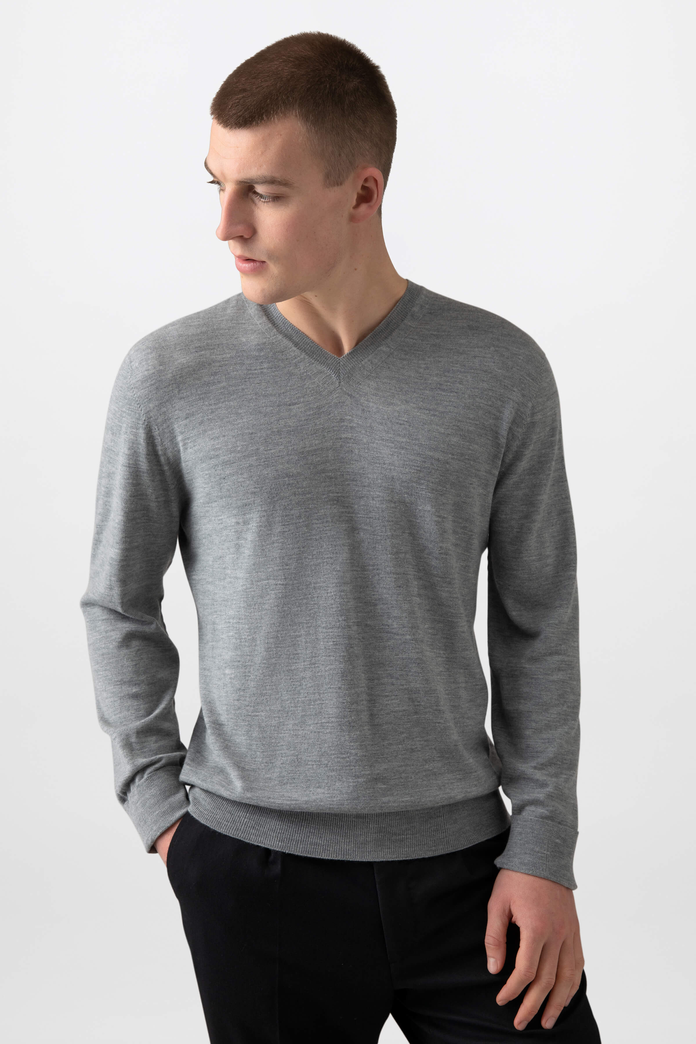 Superfine Merino V Neck Light Grey Jumper