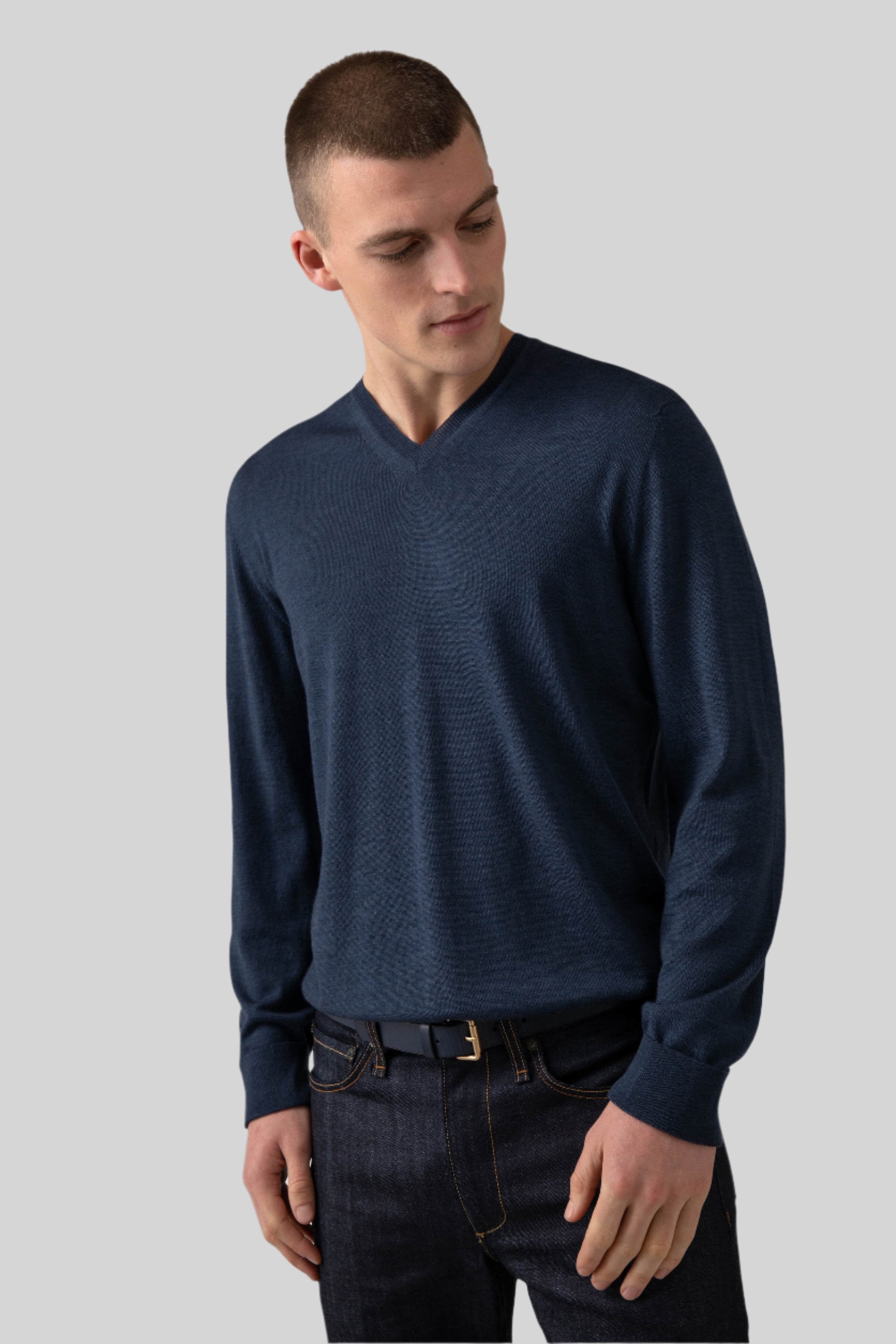 Superfine Merino V Neck Mid Blue Jumper