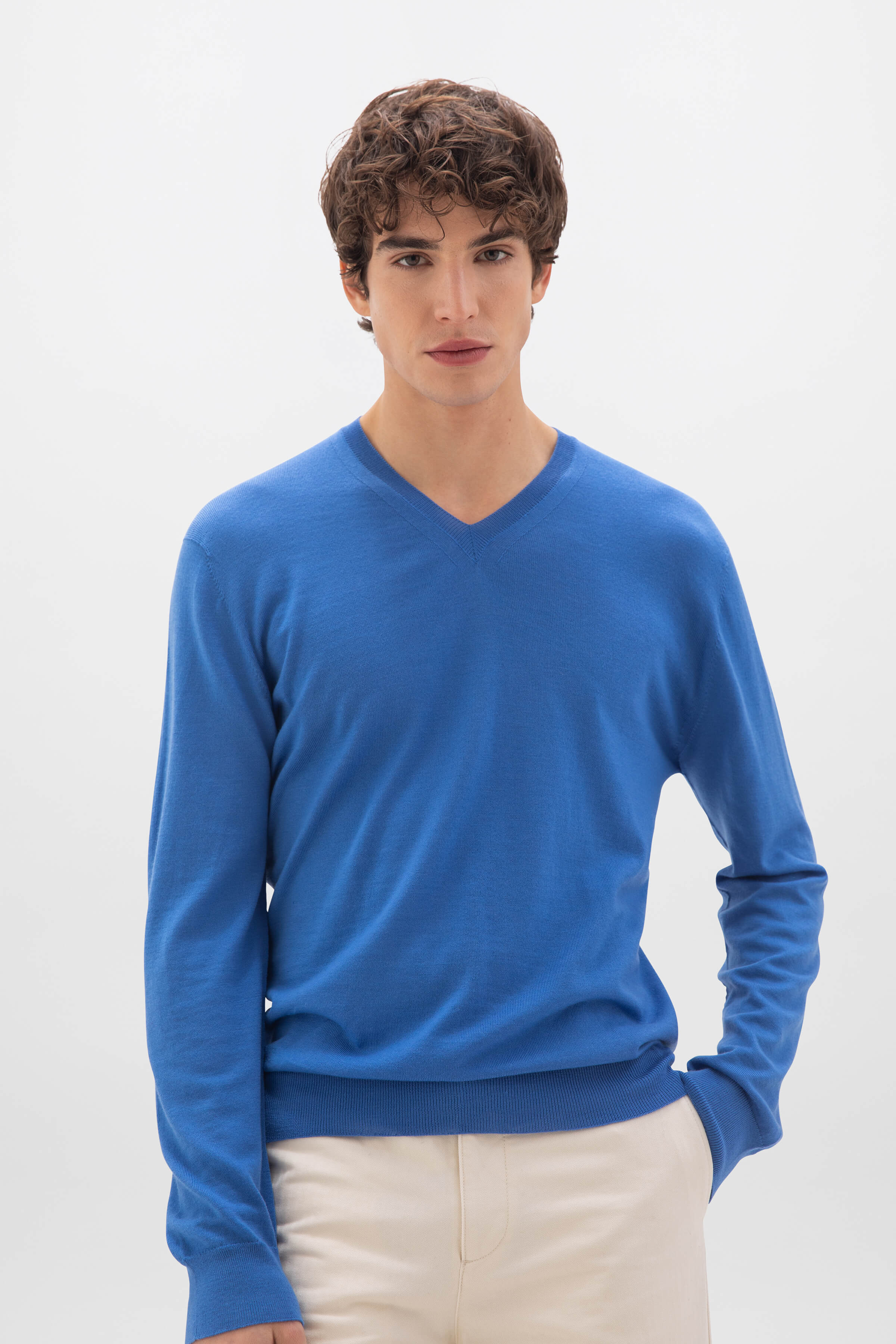 Superfine Merino V Neck Blue Jumper
