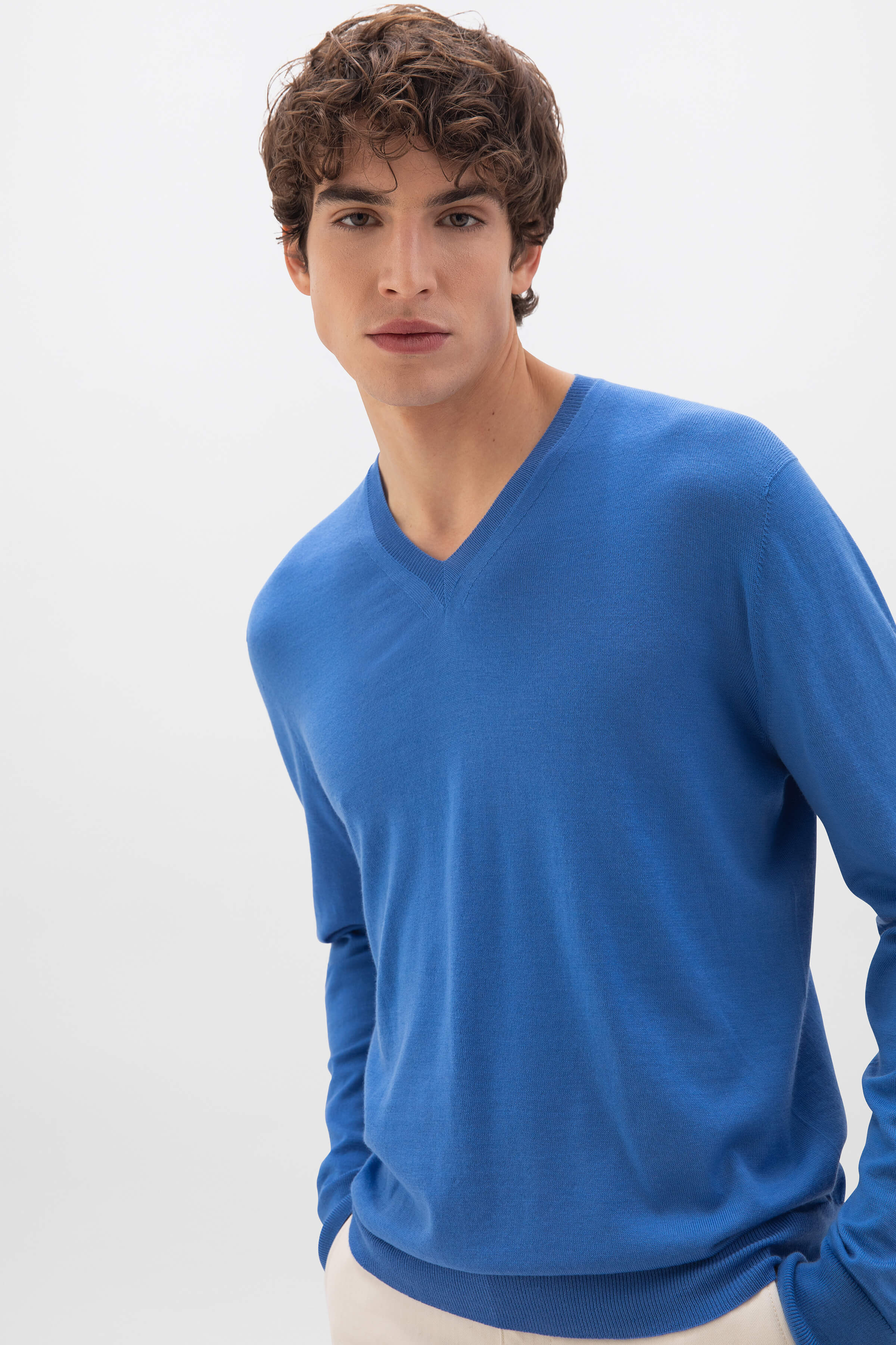 Superfine Merino V Neck Blue Jumper
