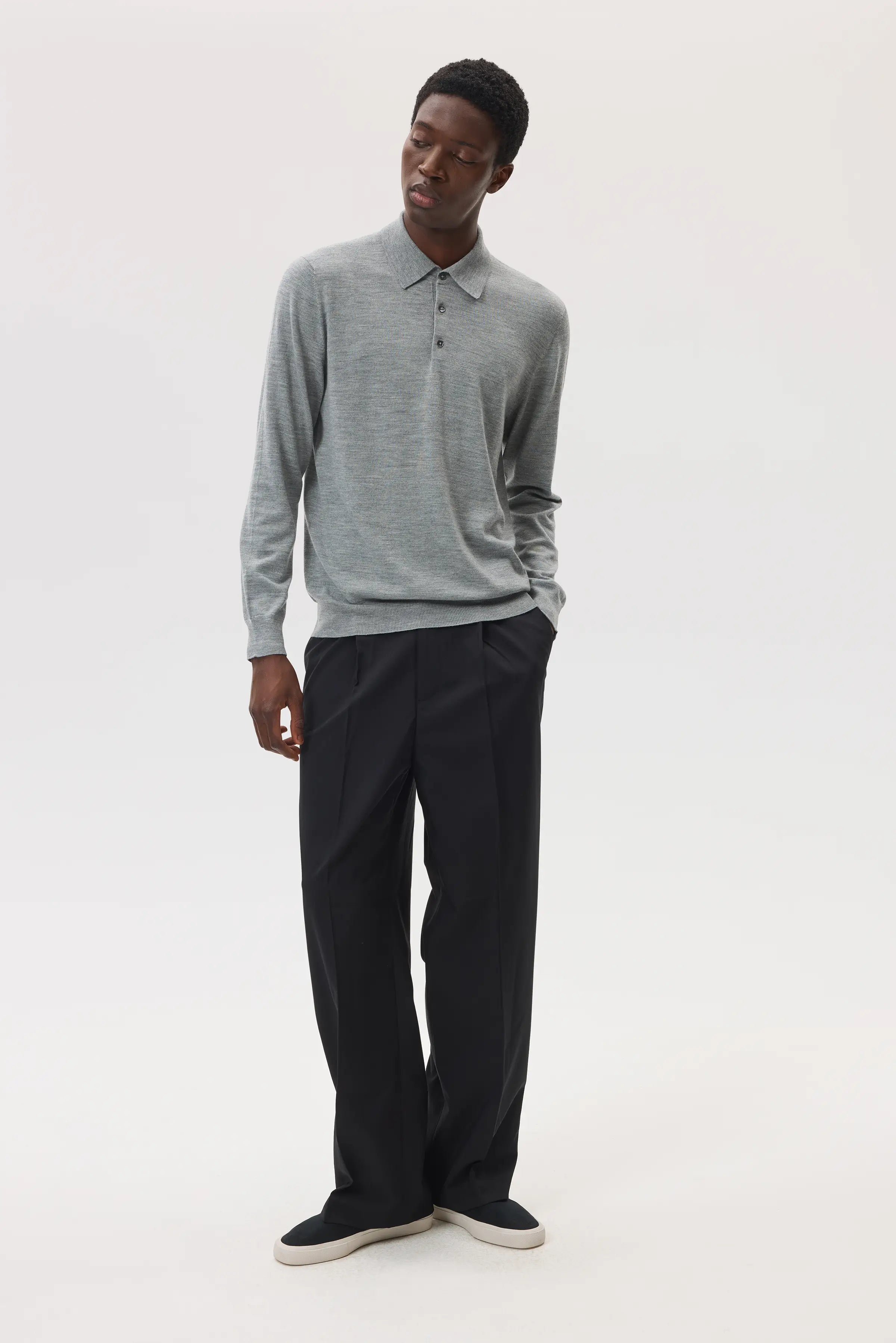Merino Long Sleeve Light Grey Polo Shirt