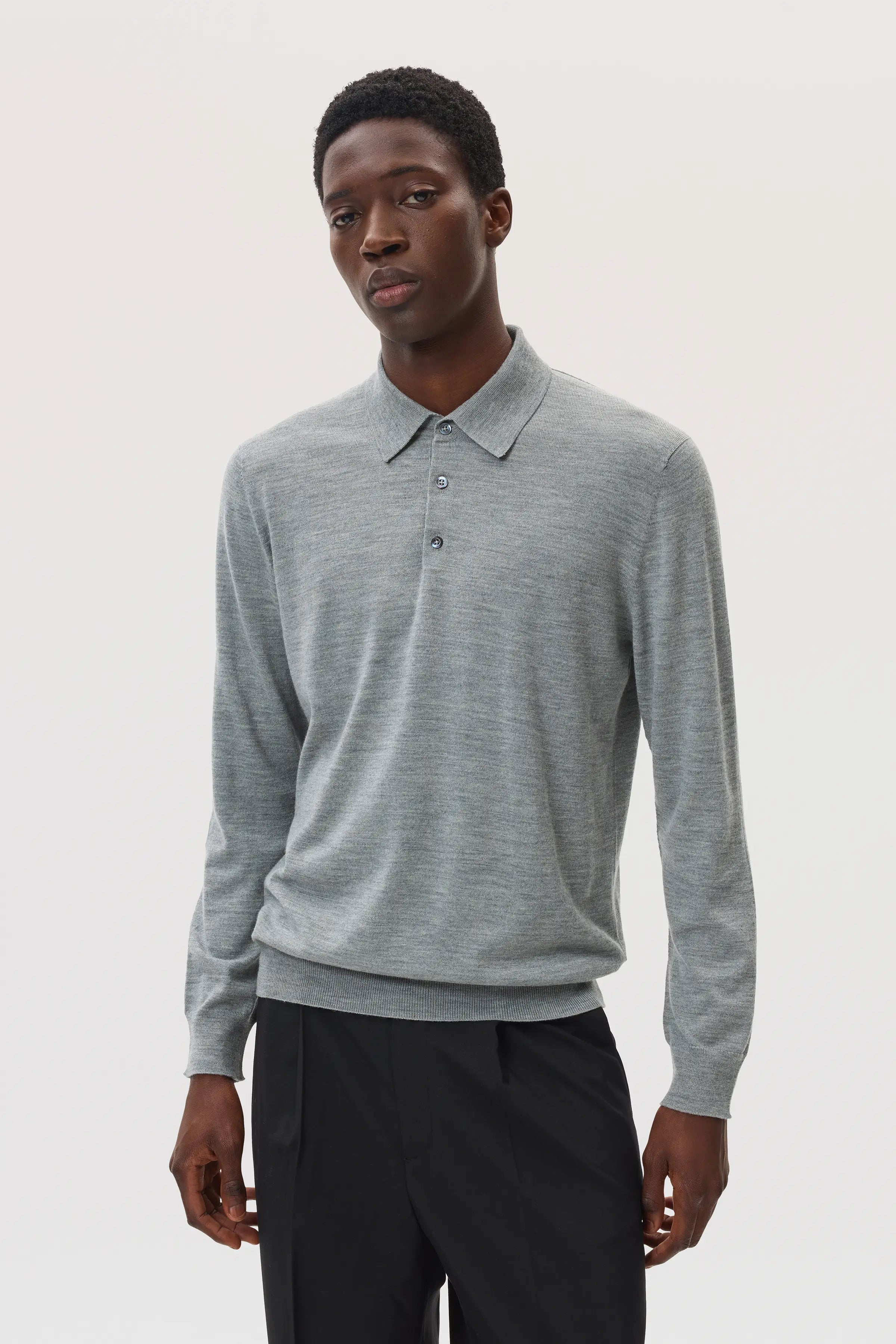 Merino Long Sleeve Light Grey Polo Shirt