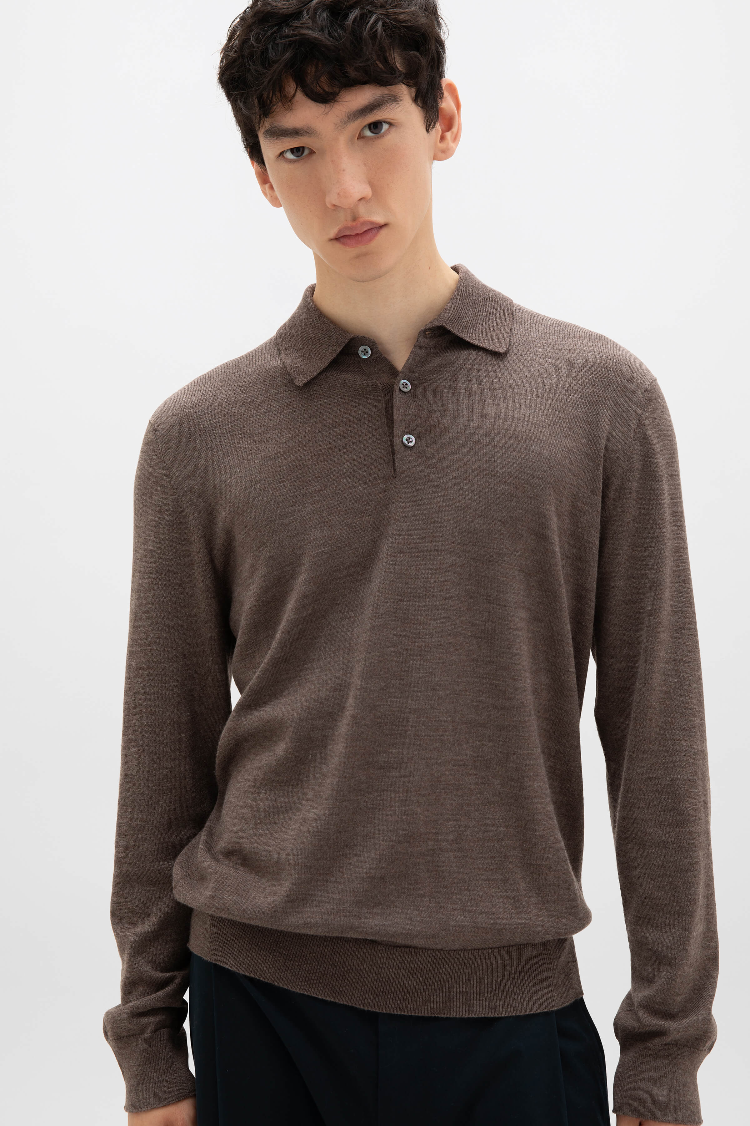 Merino Long Sleeve Light Brown Polo Shirt