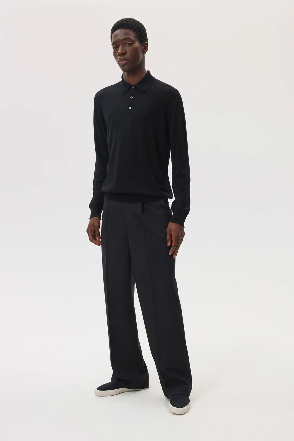 Merino Long Sleeve Black Polo Shirt